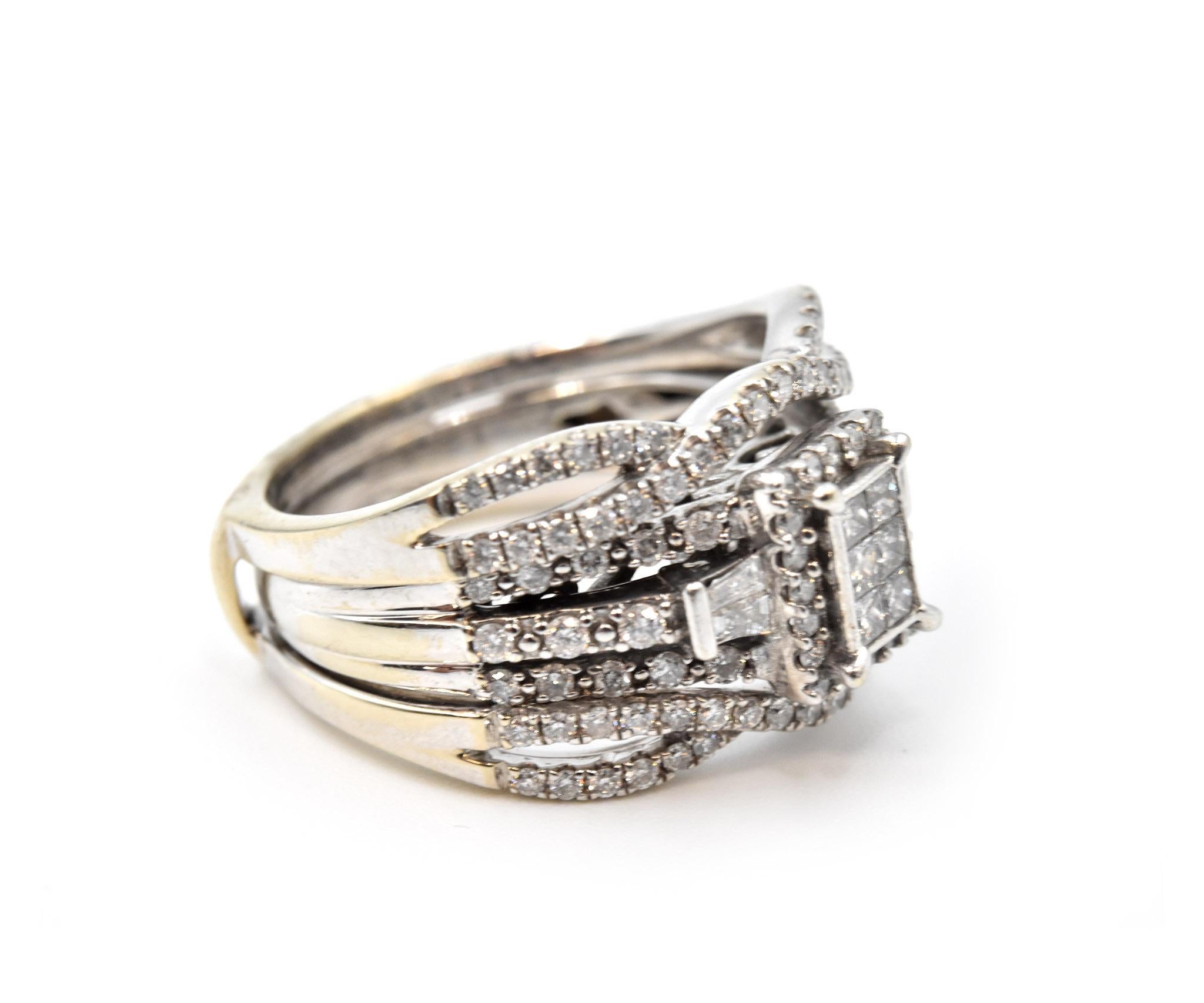 Designer: custom design
Material: 14k white gold
Diamonds: 116 round and princess cut = 0.74 carat weight
Color: I
Clarity: SI1
Ring Size: 5 1/2 (please allow two additional shipping days for sizing requests)
Weight: 7.93 grams
