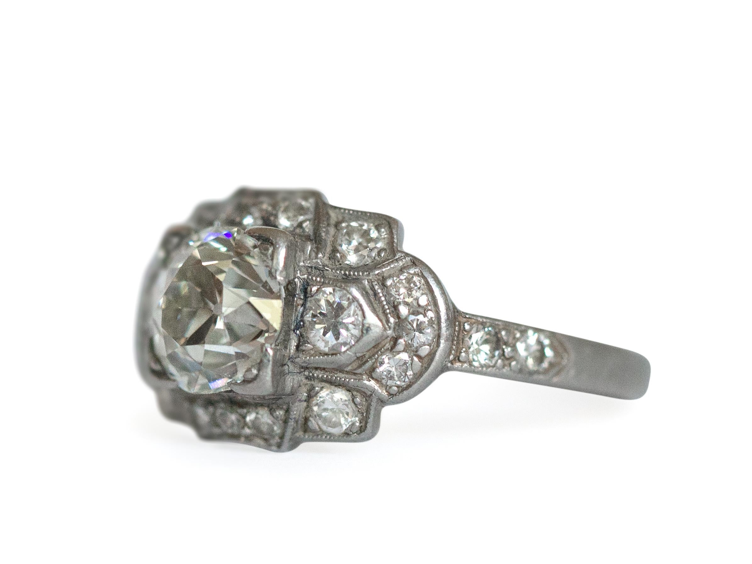 Ring Size: 6
Metal Type: Platinum  [Hallmarked, and Tested]
Weight: 3.5  grams

Center Diamond Details:
Weight: 1.01
Cut: Old European Brilliant
Color: I
Clarity: VS2

Side Diamond Details:
Weight: .30 carat, total weight
Cut: Old European