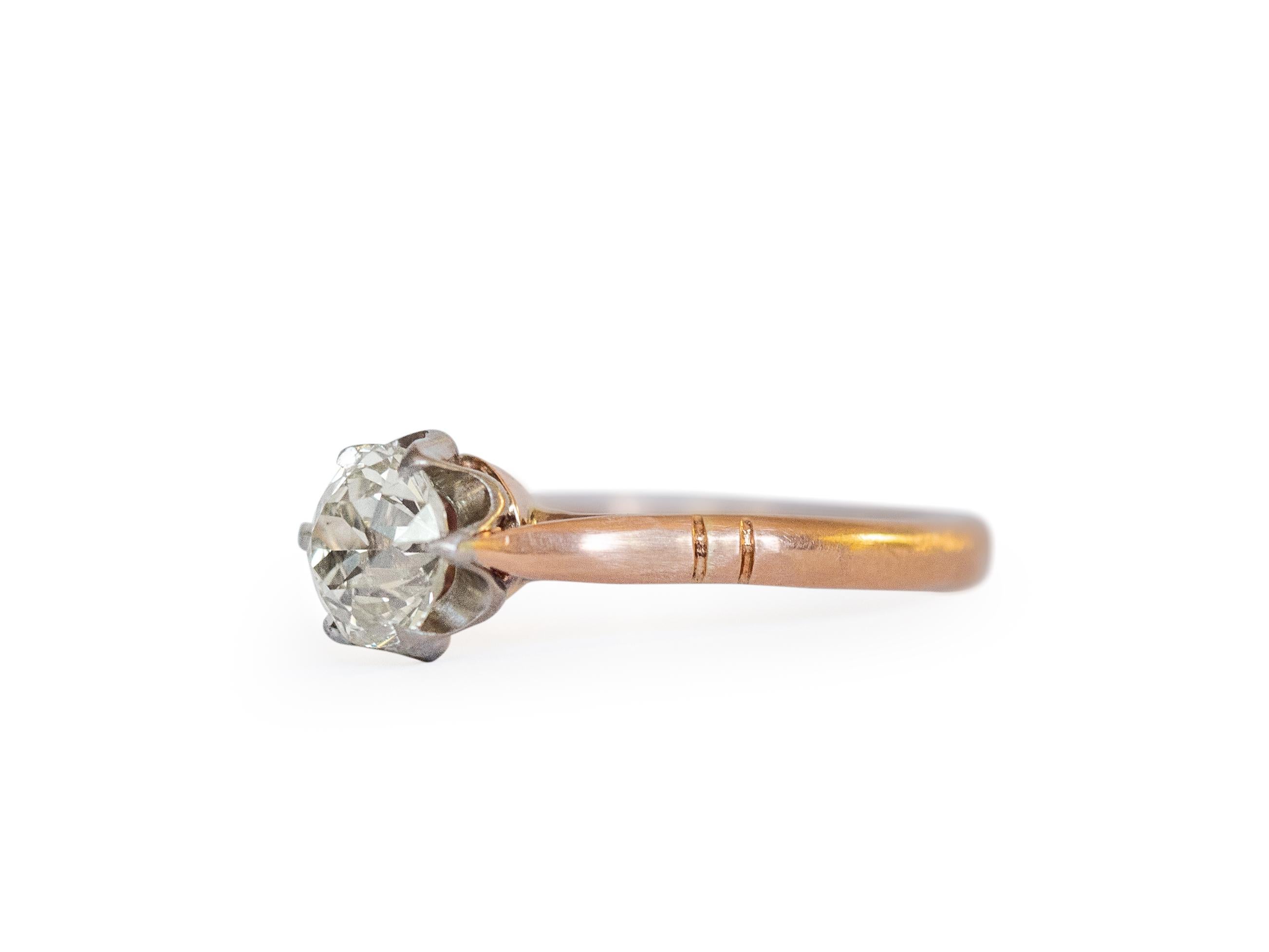 Ring Size: 7
Metal Type: 14K Rose Gold  [Hallmarked, and Tested]
Weight: 4 grams

Center Diamond Details:
Weight: 1.01 carat
Cut: Old European Brilliant
Color: Q-R
Clarity: VS1

Finger to Top of Stone Measurement: 6mm
Condition:  Excellent