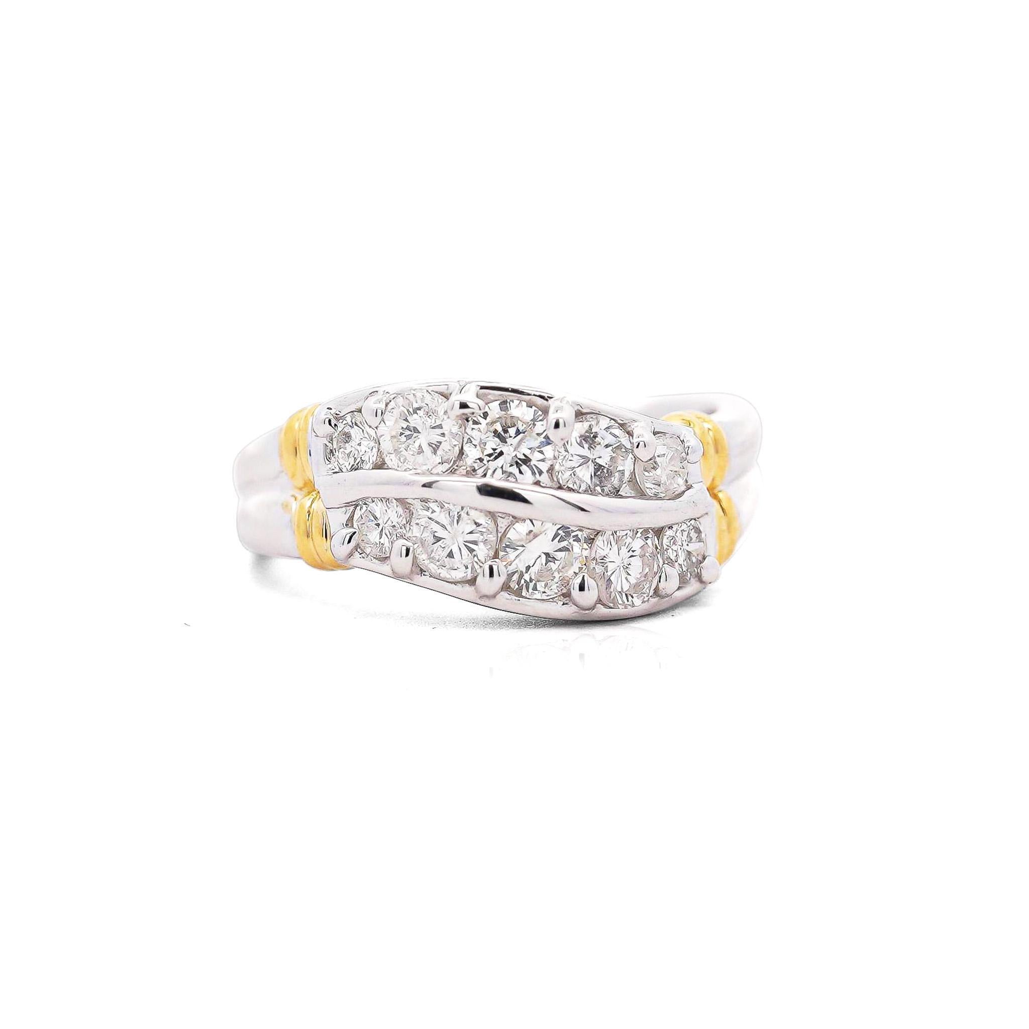 1.01 Carat Dual Row Diamond Channel Platinum & 18K Gold Wavy Band Ring (Bague ondulée en platine et or 18K) en vente 4