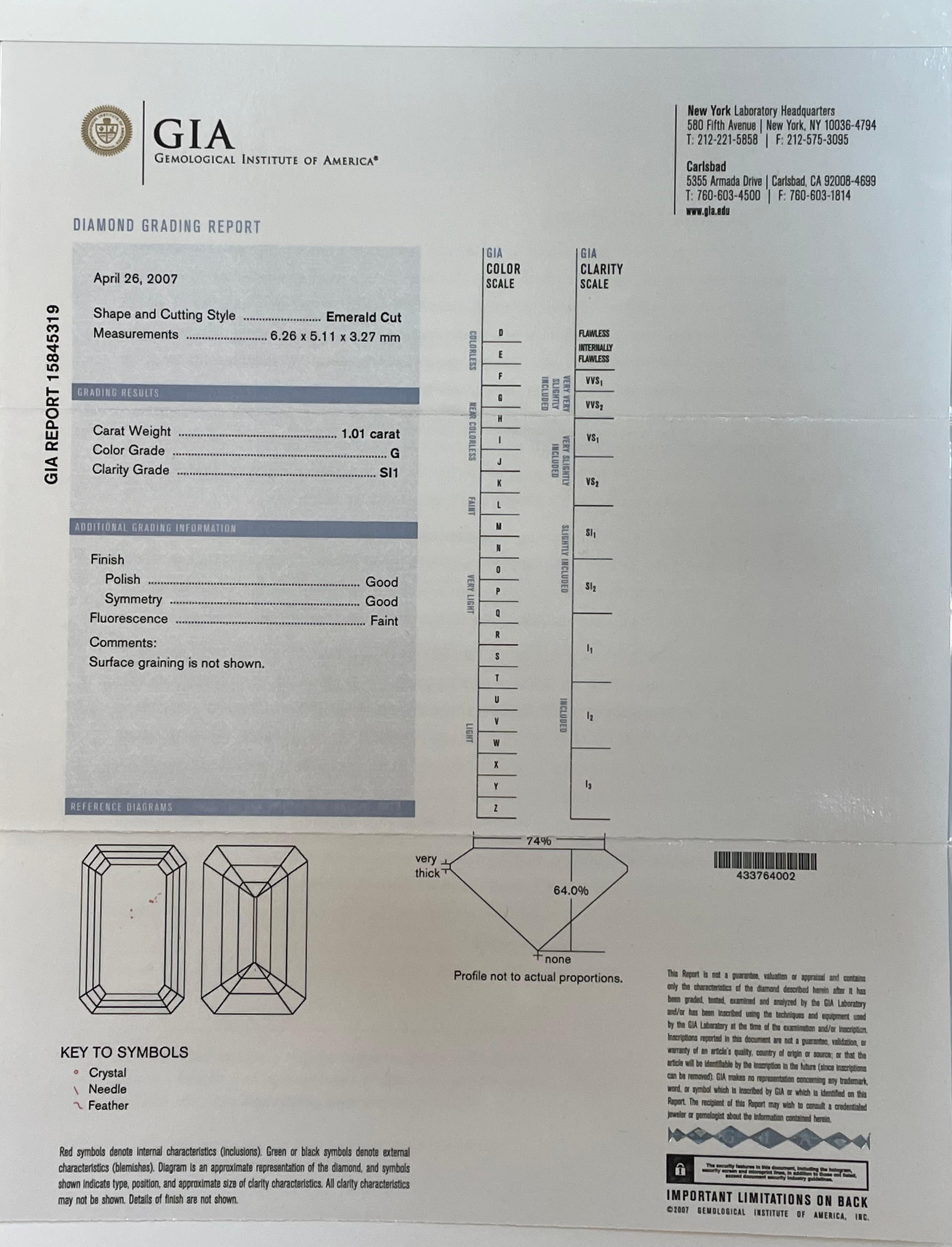 1,01 Karat Smaragdschliff Gia zertifiziert G Farbe Si1 Reinheit Diamant für Damen oder Herren im Angebot