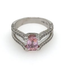 1.01 Carat Emerald Cut Pink Sapphire and Diamond Ring in 18k White Gold