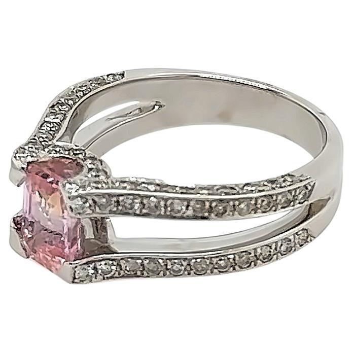 1.01 Carat Emerald Cut Pink Sapphire and Diamond Ring in 18k White Gold For Sale