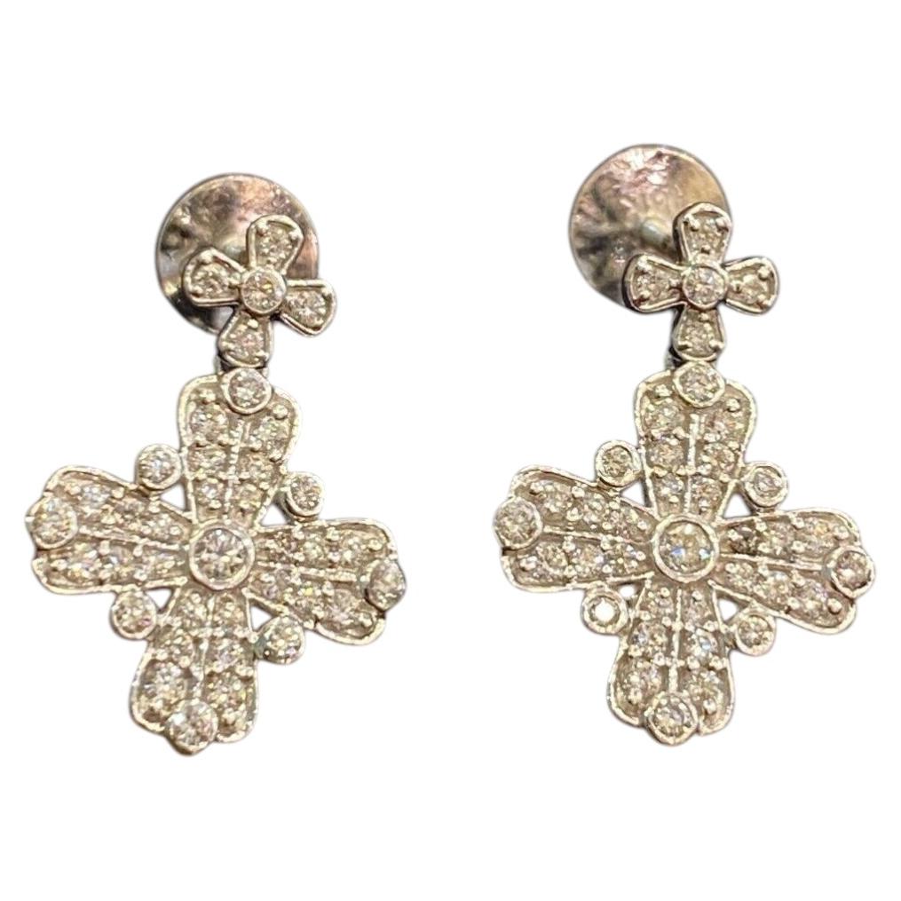 1.01 Carat F/VS1 Round Brilliant Diamonds Pavé Cross Dangle Earrings in 18K Gold
