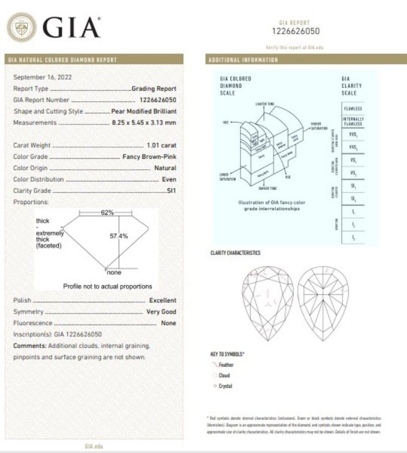 1.01 Carat Fancy Brown Pink Pear cut diamond SI1 Clarity GIA Certified For Sale 1
