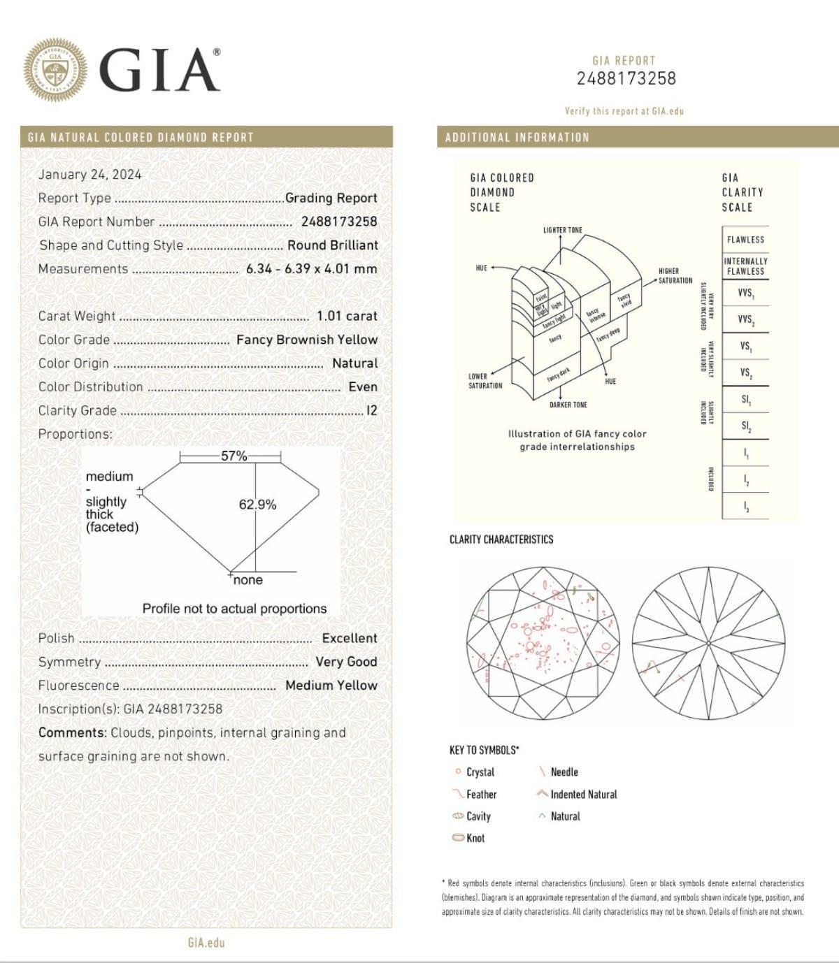 Women's or Men's 1.01-CARAT, FANCY BROWNISH YELLOW ROUND CUT DIAMOND I2 Clarity GIA Certified For Sale