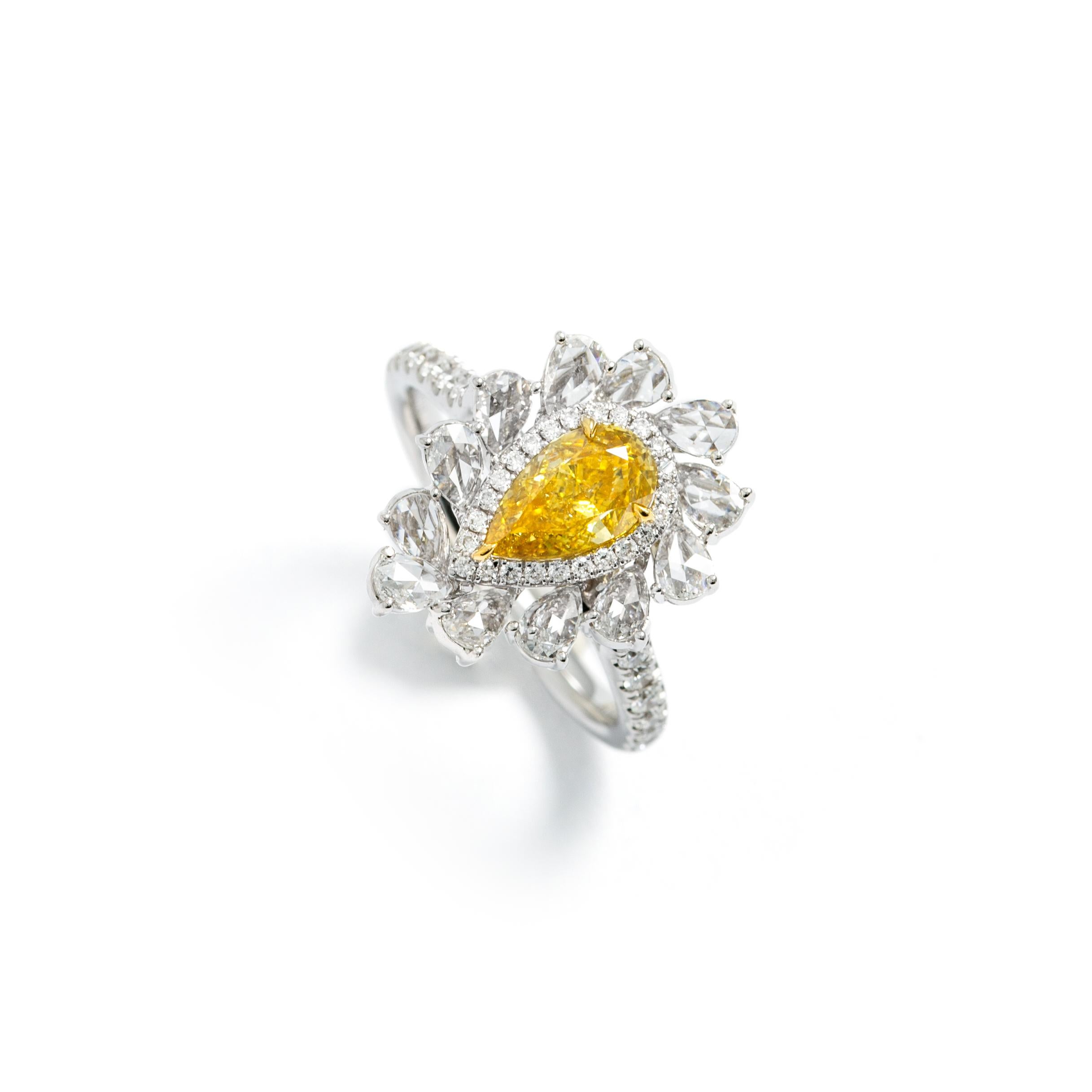 Women's or Men's 1.01 carat Fancy Deep Yellow Pear 18K White Gold Ring For Sale
