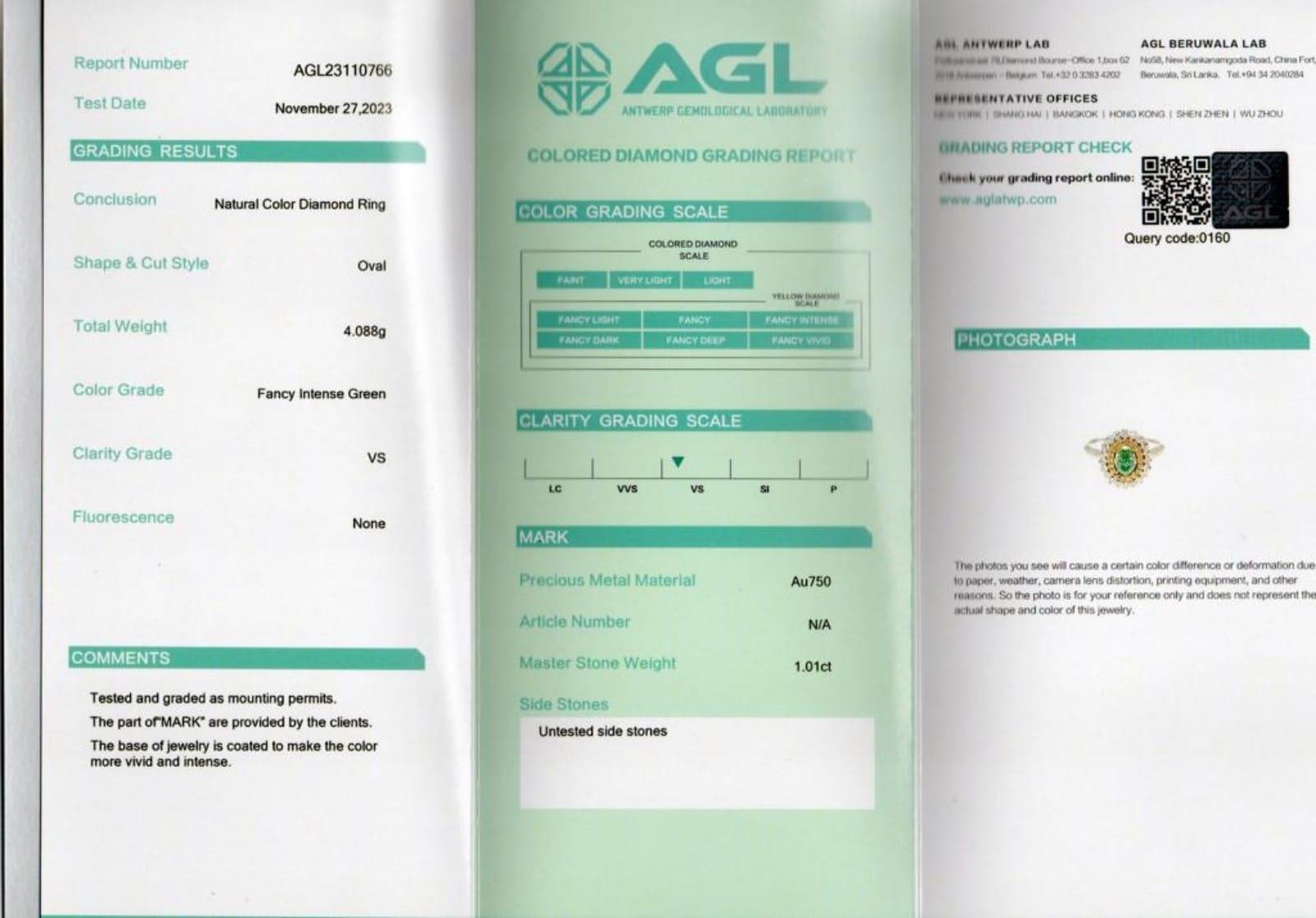 1,01 Karat Ausgefallener intensiv grüner Diamantring VS Reinheit AGL zertifiziert Damen im Angebot
