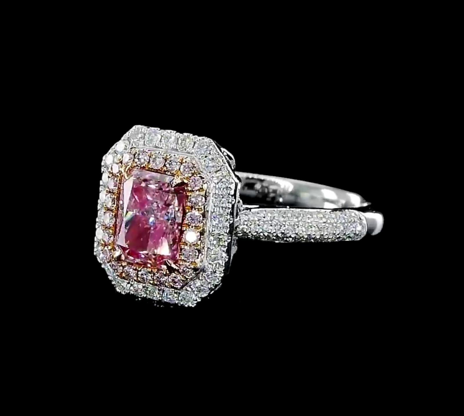 Radiant Cut 1.01 Carat Fancy Pink Diamond Ring SI Clarity AGL Certified For Sale