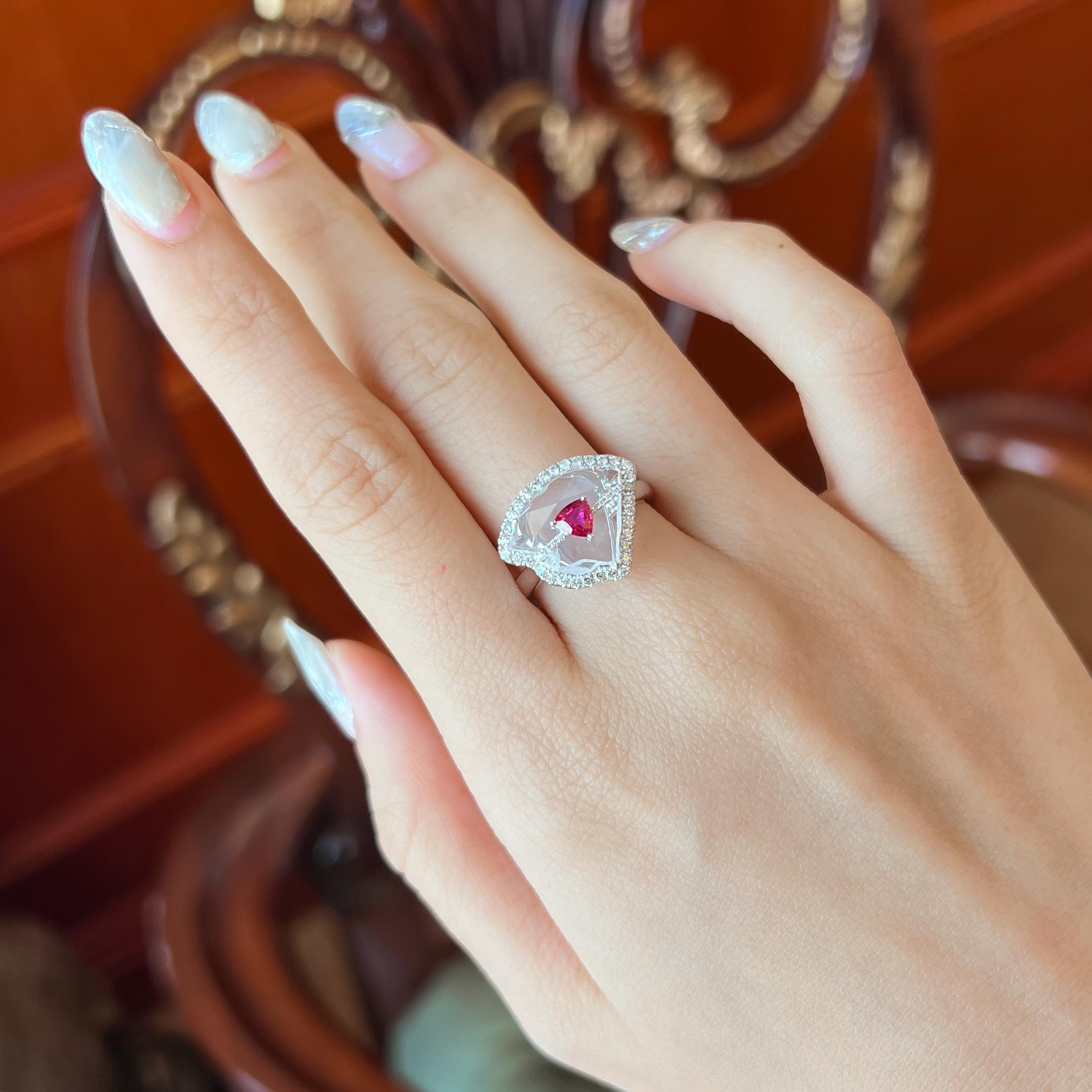 Art Nouveau 1.01 Carat Glacier Diamond & Crimson Red Ruby Crown Ring For Sale