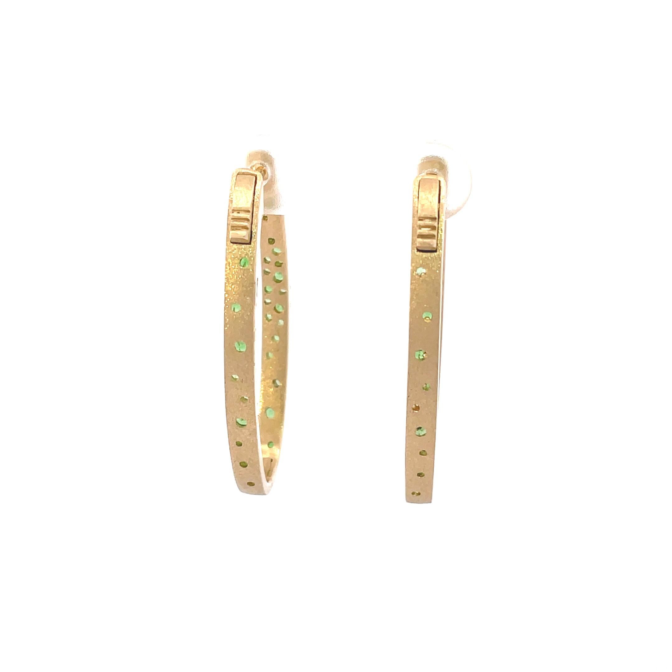 1.01 Carat Green Tsavorite Flush Set Oval Hoop Yellow Gold Earrings For Sale 1
