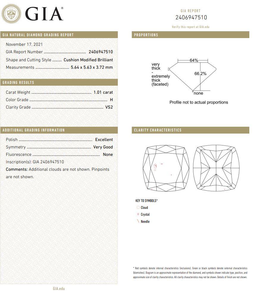 1.01 Carat Cushion cut diamond VS2 Clarity GIA Certified For Sale 2