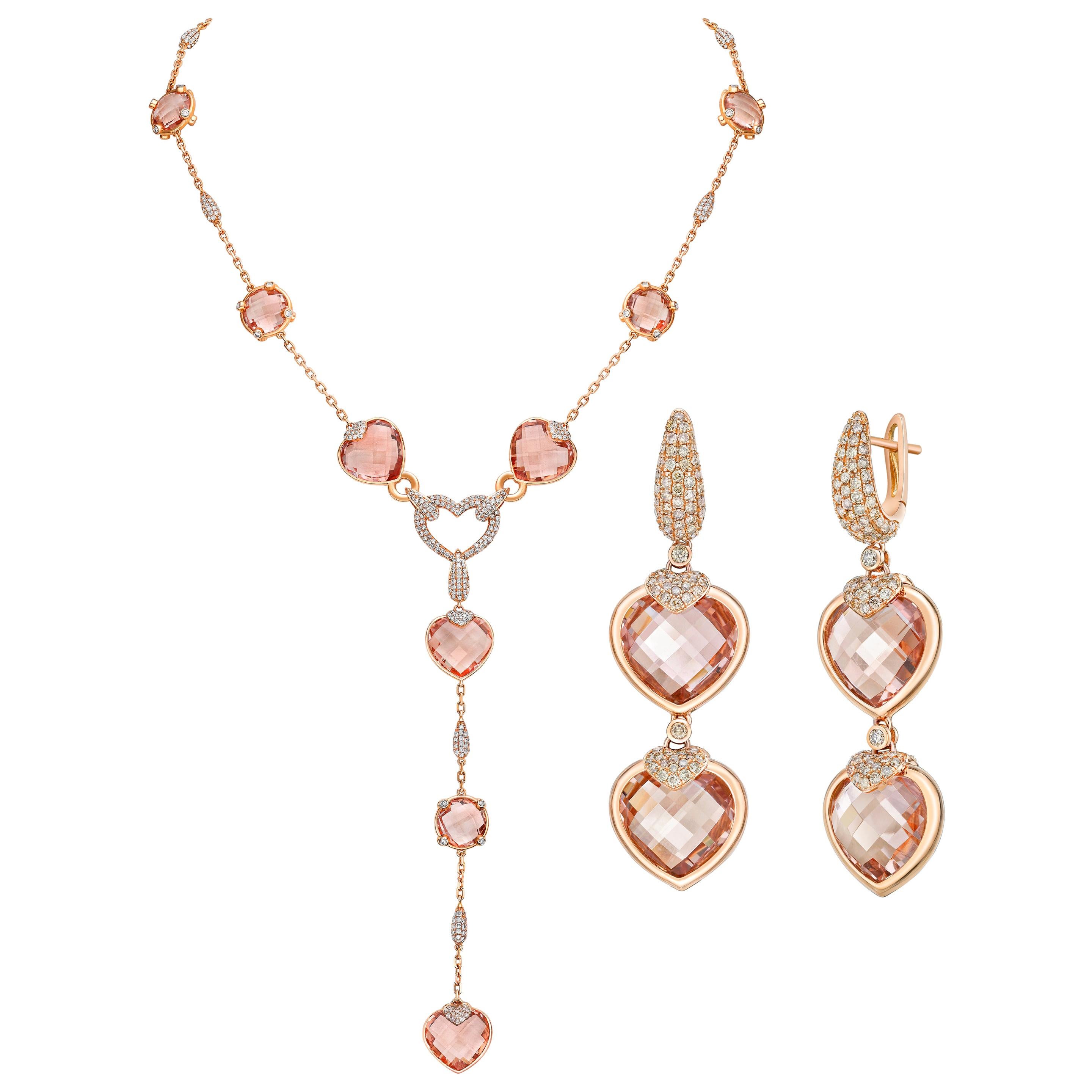 101 Carat Morganite Heart Earrings and Necklace in 18 Karat Gold with Diamond