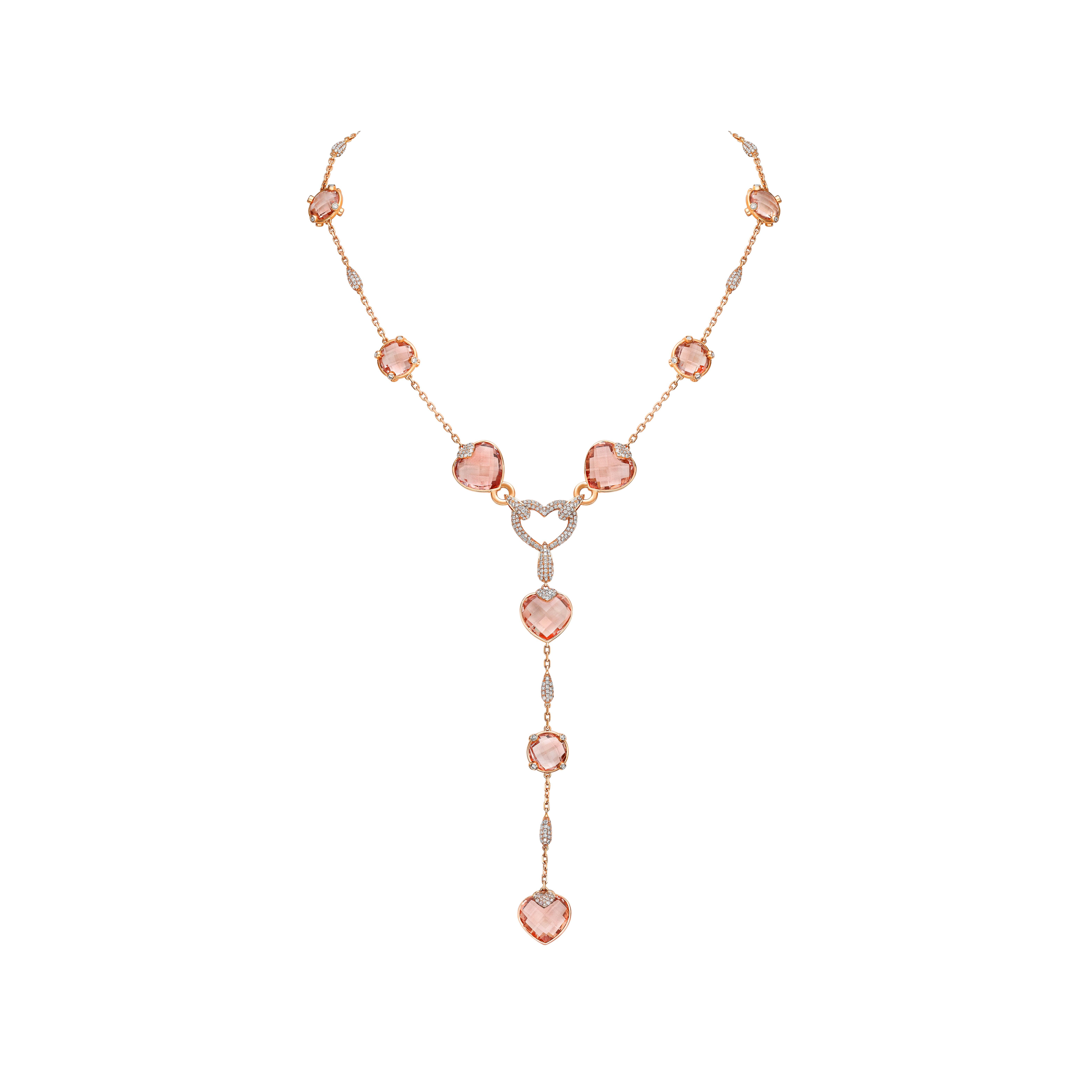 Heart Cut 101 Carat Morganite Heart Earrings and Necklace in 18 Karat Gold with Diamond