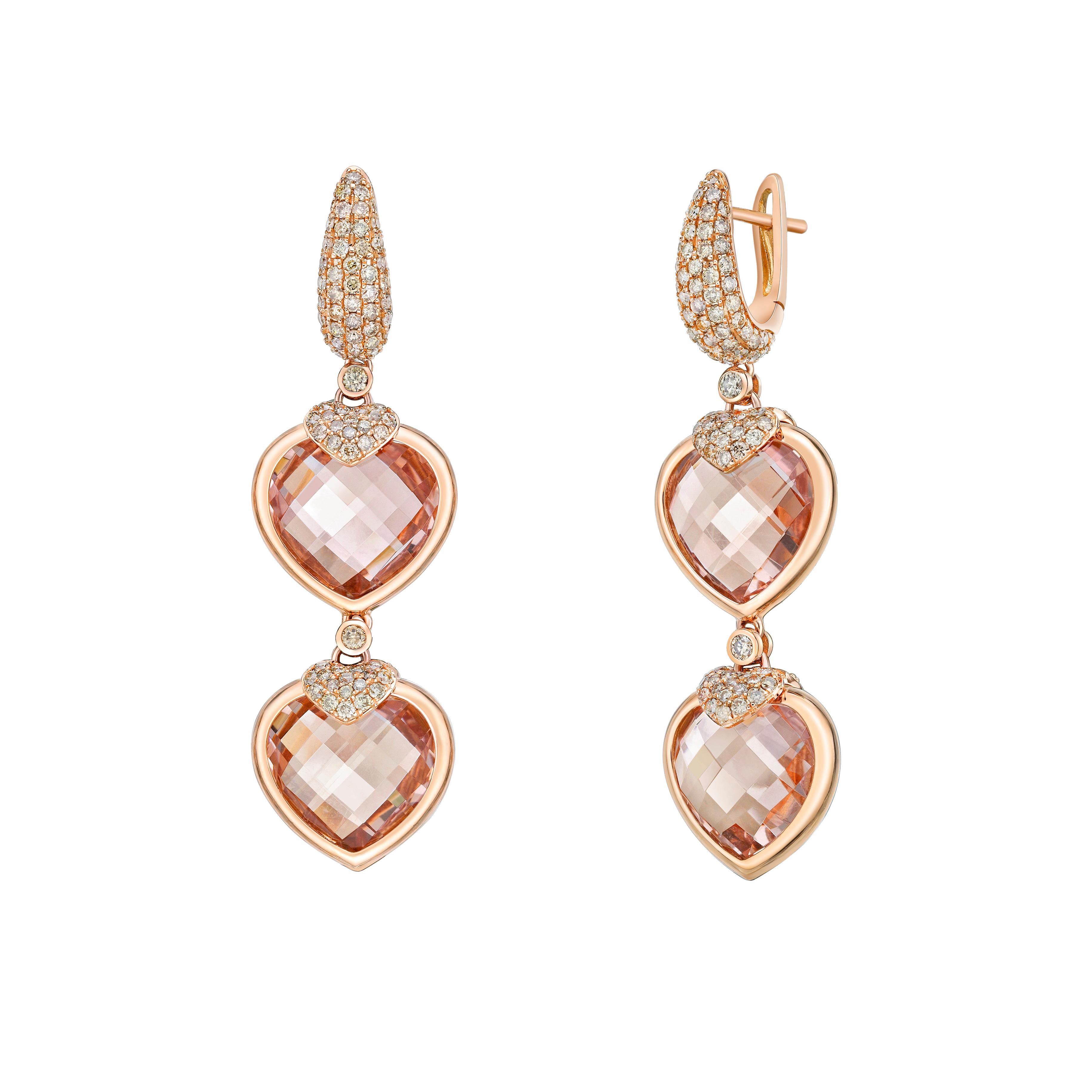 101 Carat Morganite Heart Earrings and Necklace in 18 Karat Gold with Diamond 1