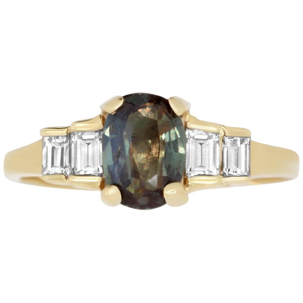 1.01 Carat Natural Color Changing Alexandrite and 0.34 Carat White Diamond Ring