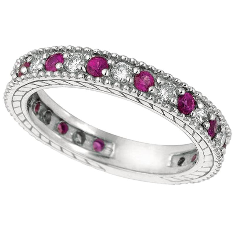 1.01 Carat Natural Diamond and Pink Sapphire Eternity Band 14 Karat White Gold For Sale