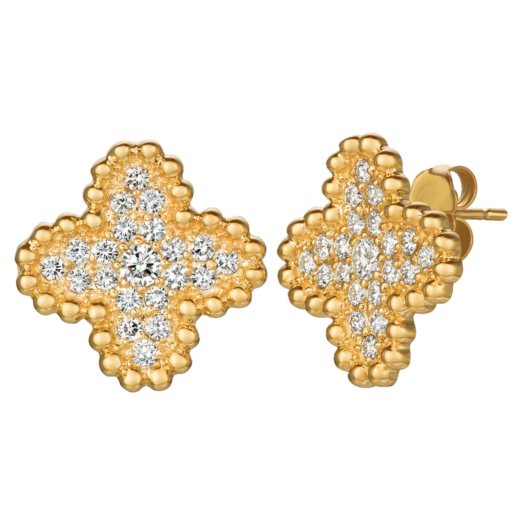 Taille ronde Boucles d'oreilles trèfle en diamant naturel de 1,01 carat G-H SI 14K or jaune en vente