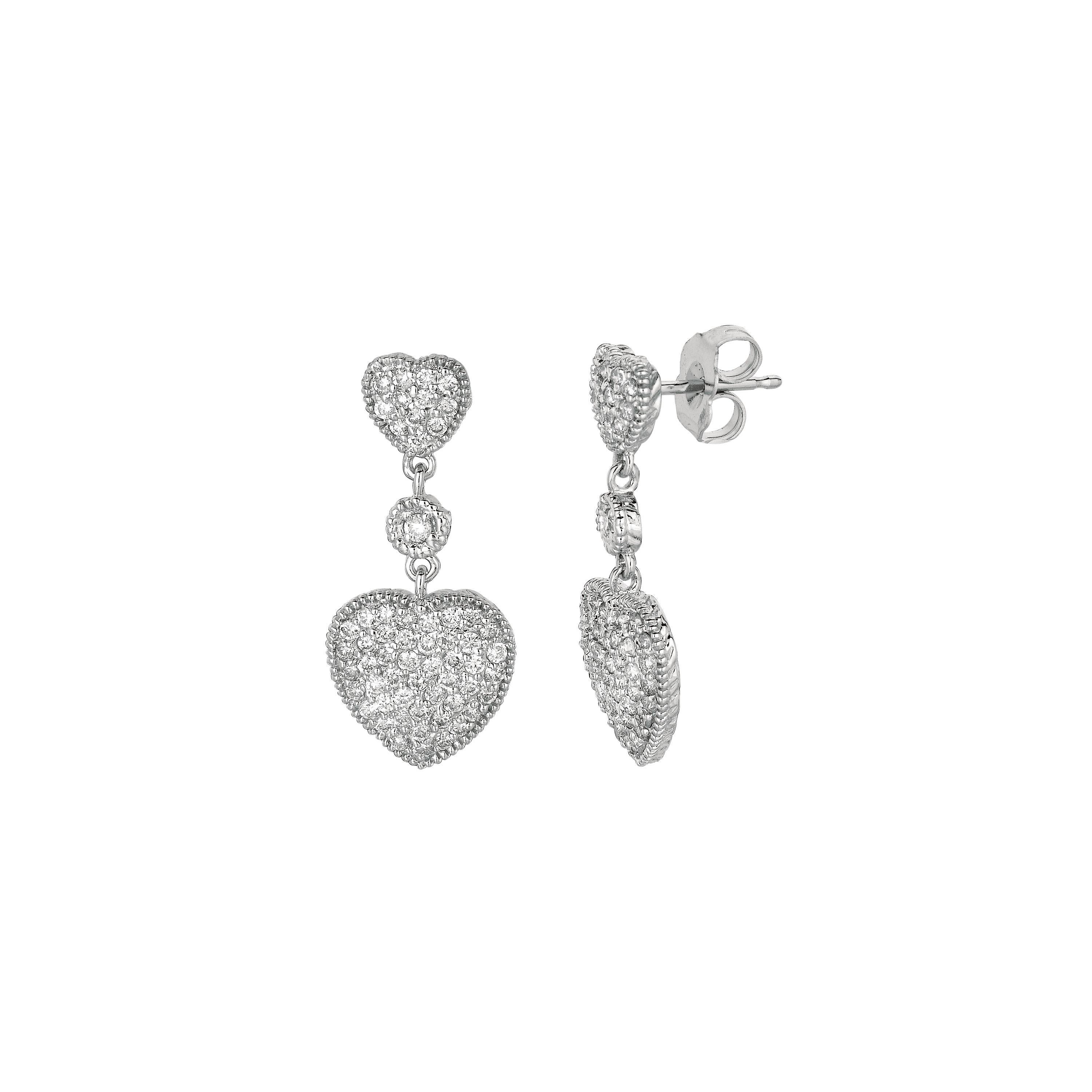 Contemporary 1.01 Carat Natural Diamond Heart Drop Earrings G SI 14K White Gold For Sale