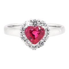 1.01 Carat, Natural, Heart-Cut Ruby and Diamond Ring Set in Platinum