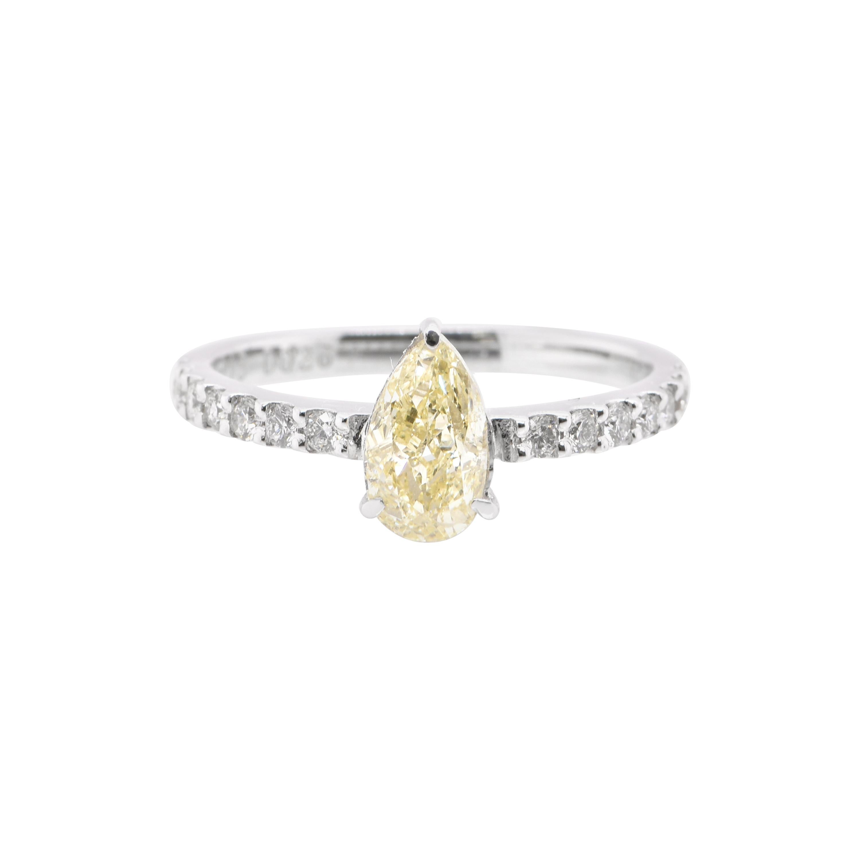 1.01 Carat Natural Pear-Shape Light Yellow SI-1 Diamond Ring Set in Platinum