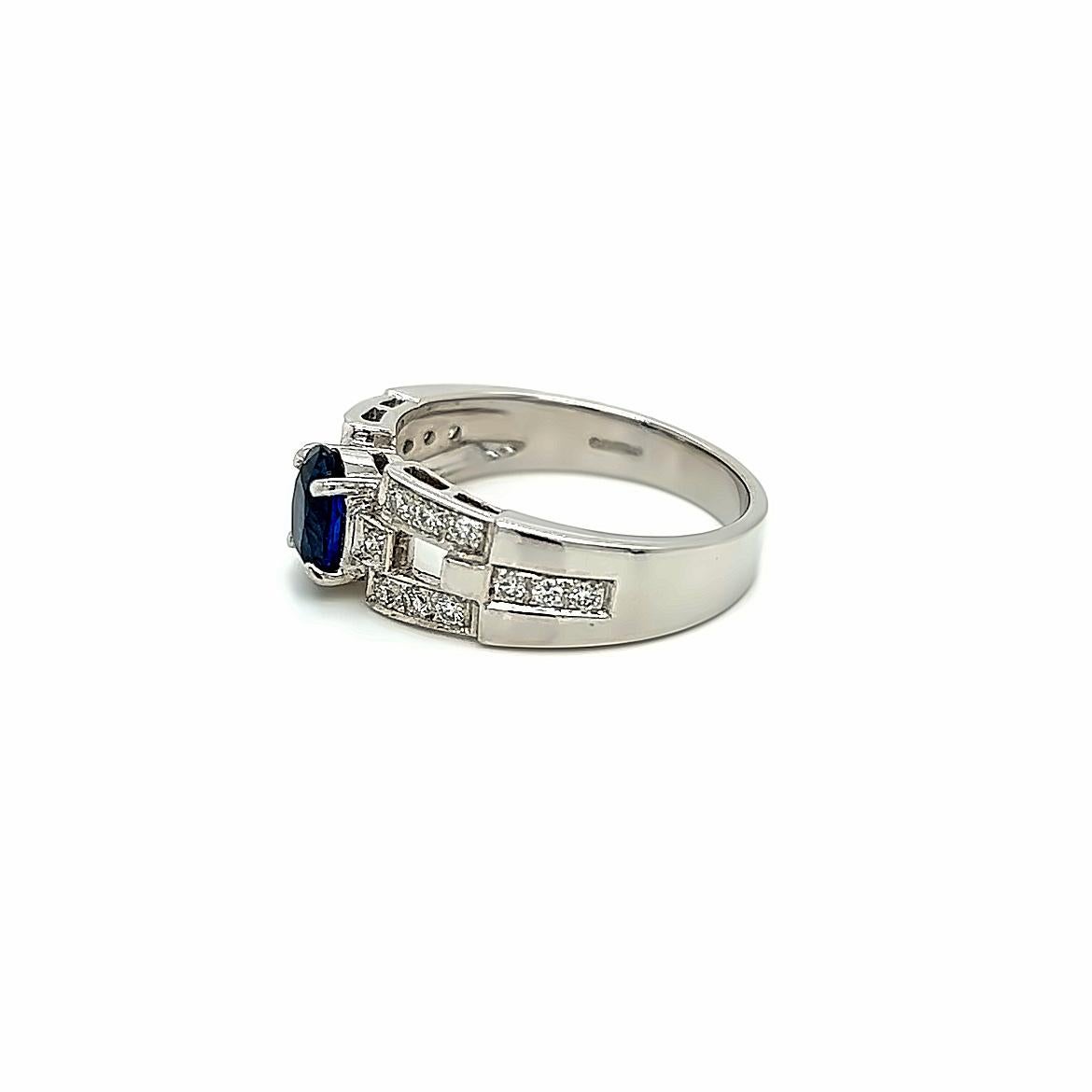 Women's or Men's 1.01 Carat Oval Blue Sapphire and Diamond Ring in 18K White Gold For Sale