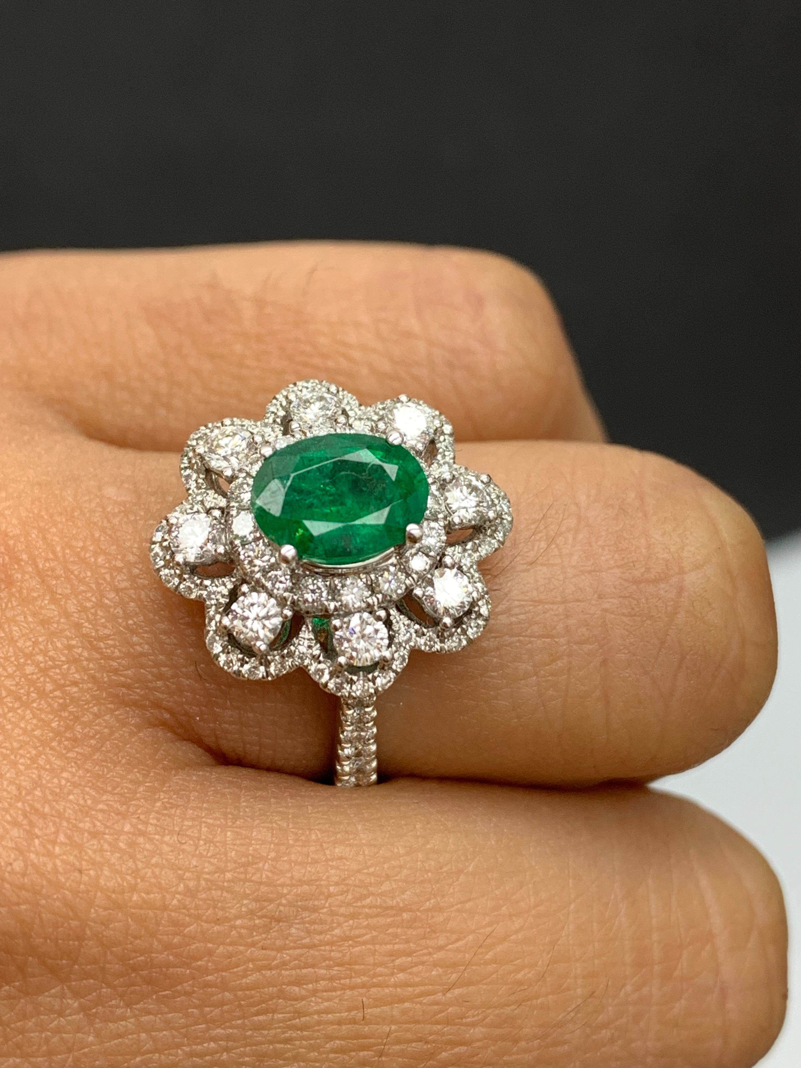 1.01 Carat Oval Emerald and Diamond Cocktail Flower Ring in 18K White Gold For Sale 3