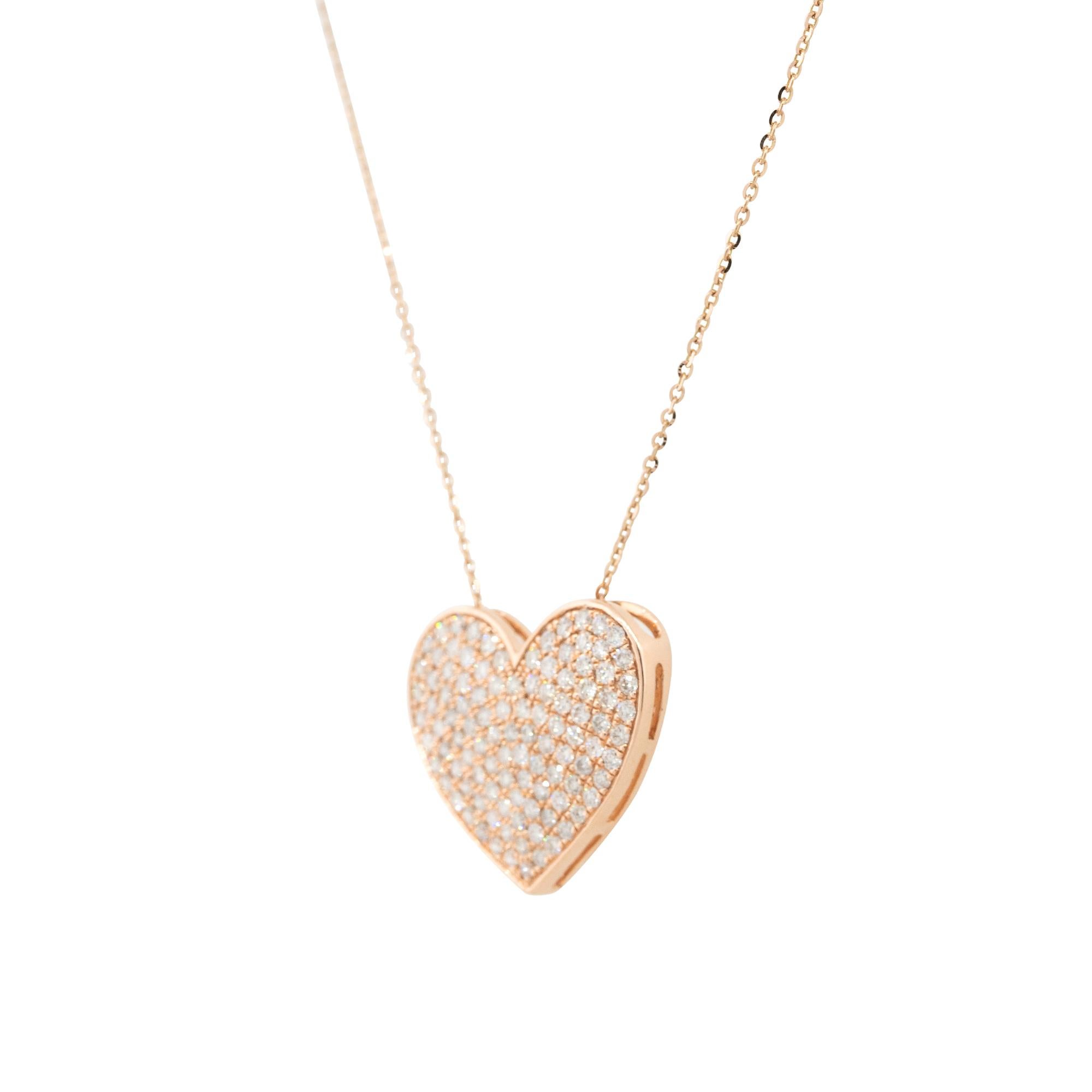 14k Rose Gold 1.01ctw Pave Diamond Heart Pendant Necklace

Material: 14k Rose Gold
Diamond Details: Approximately 1.01ctw of Pave set Round Diamonds
Clasps: Spring Ring Clasp
Total Weight: 3.7g (2.4dwt)
Pendant Measurements: 20.73mm x 3.8mm x