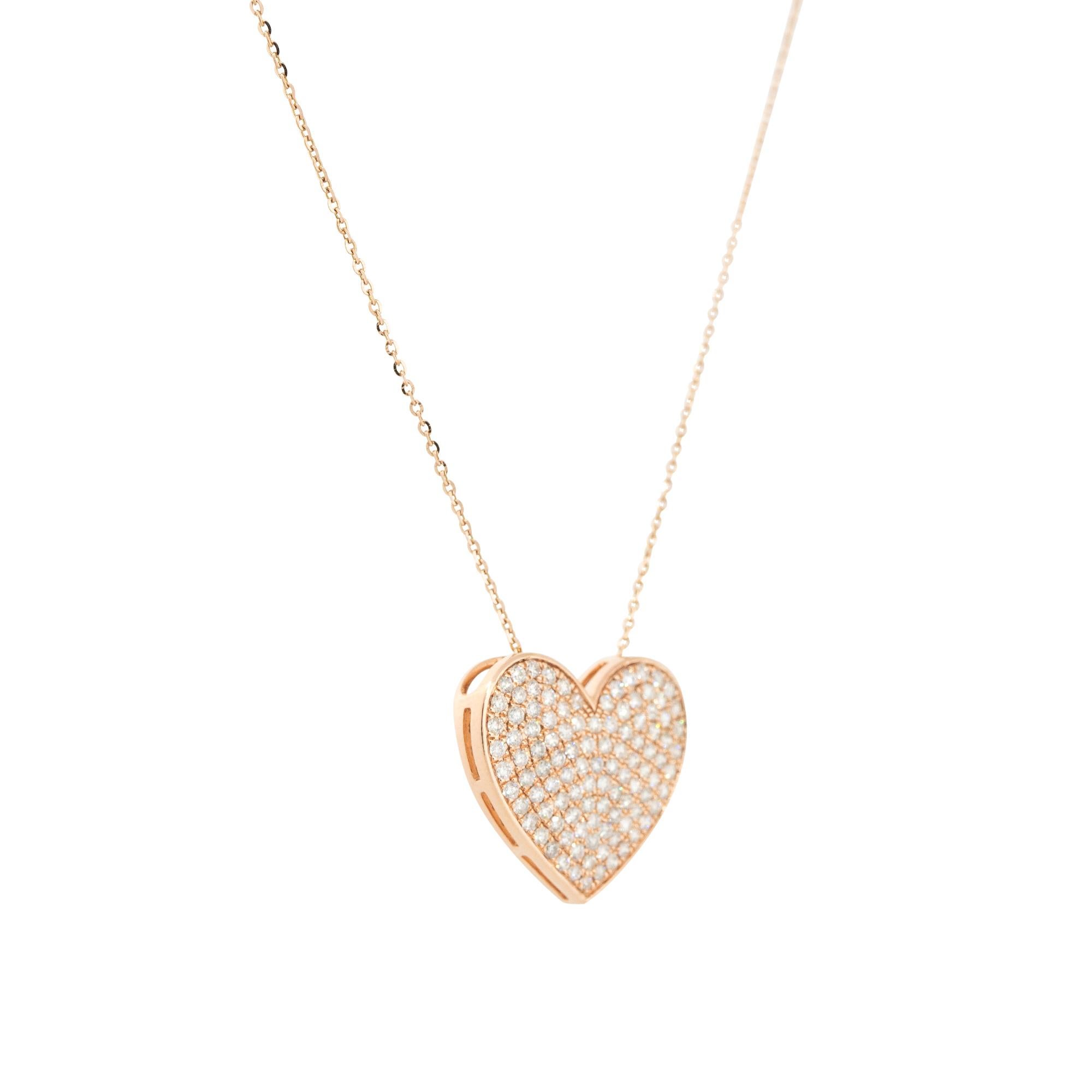 Art Deco 1.01 Carat Pave Diamond Heart Pendant Necklace 14 Karat In Stock For Sale