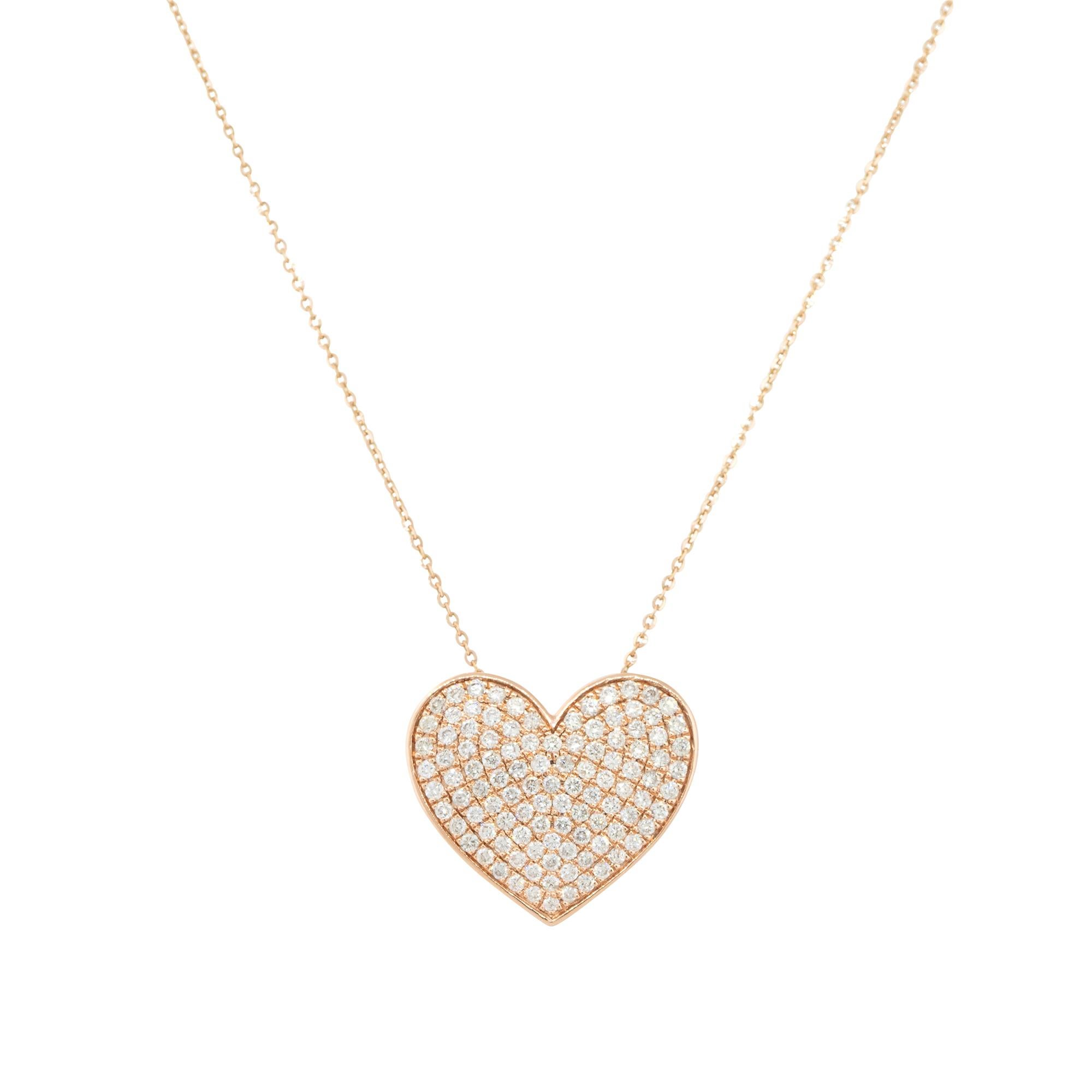 Round Cut 1.01 Carat Pave Diamond Heart Pendant Necklace 14 Karat In Stock For Sale