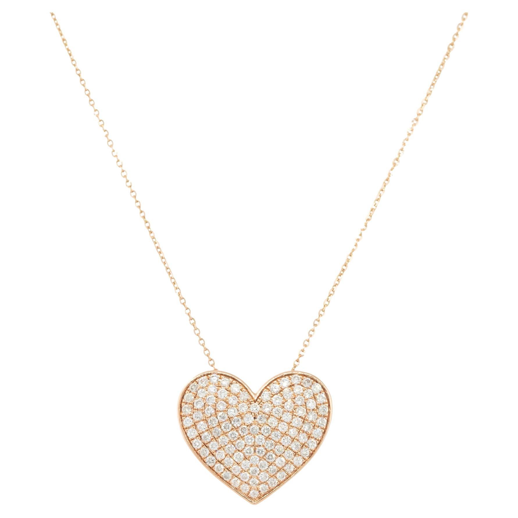 1.01 Carat Pave Diamond Heart Pendant Necklace 14 Karat In Stock For Sale