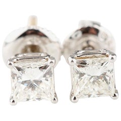 1.01 Carat Princess Cut Prong Set Diamond Stud Earrings in White Gold