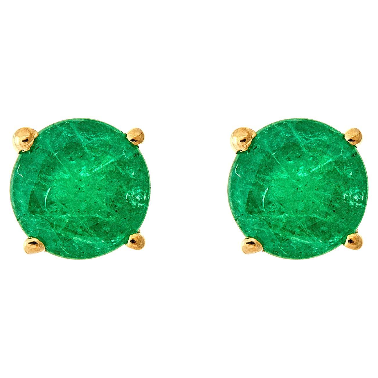 1.01 Carat Round-Cut Emerald 10K Yellow Gold Stud Earrings For Sale