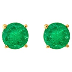 Vintage 1.01 Carat Round-Cut Emerald 10K Yellow Gold Stud Earrings