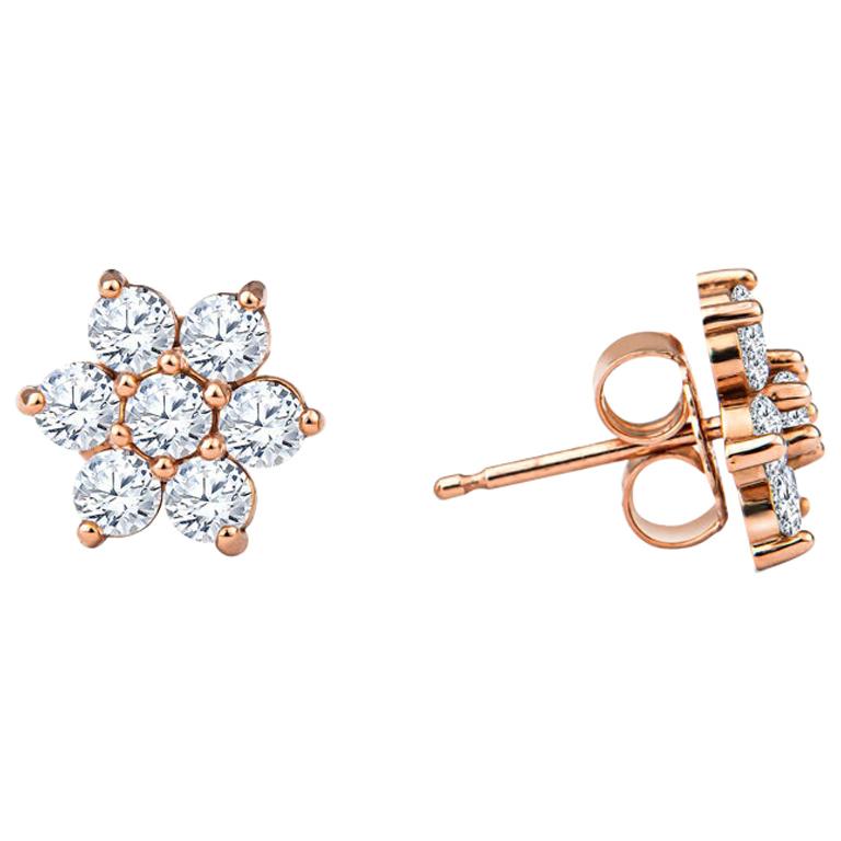 1.01 Carat Round Diamond 14 Karat Rose Gold Flower Studs