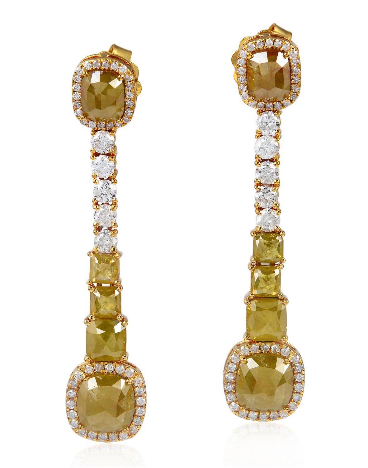 Uncut 10.1 Carat Fancy Diamond 18 Karat Gold Earrings For Sale