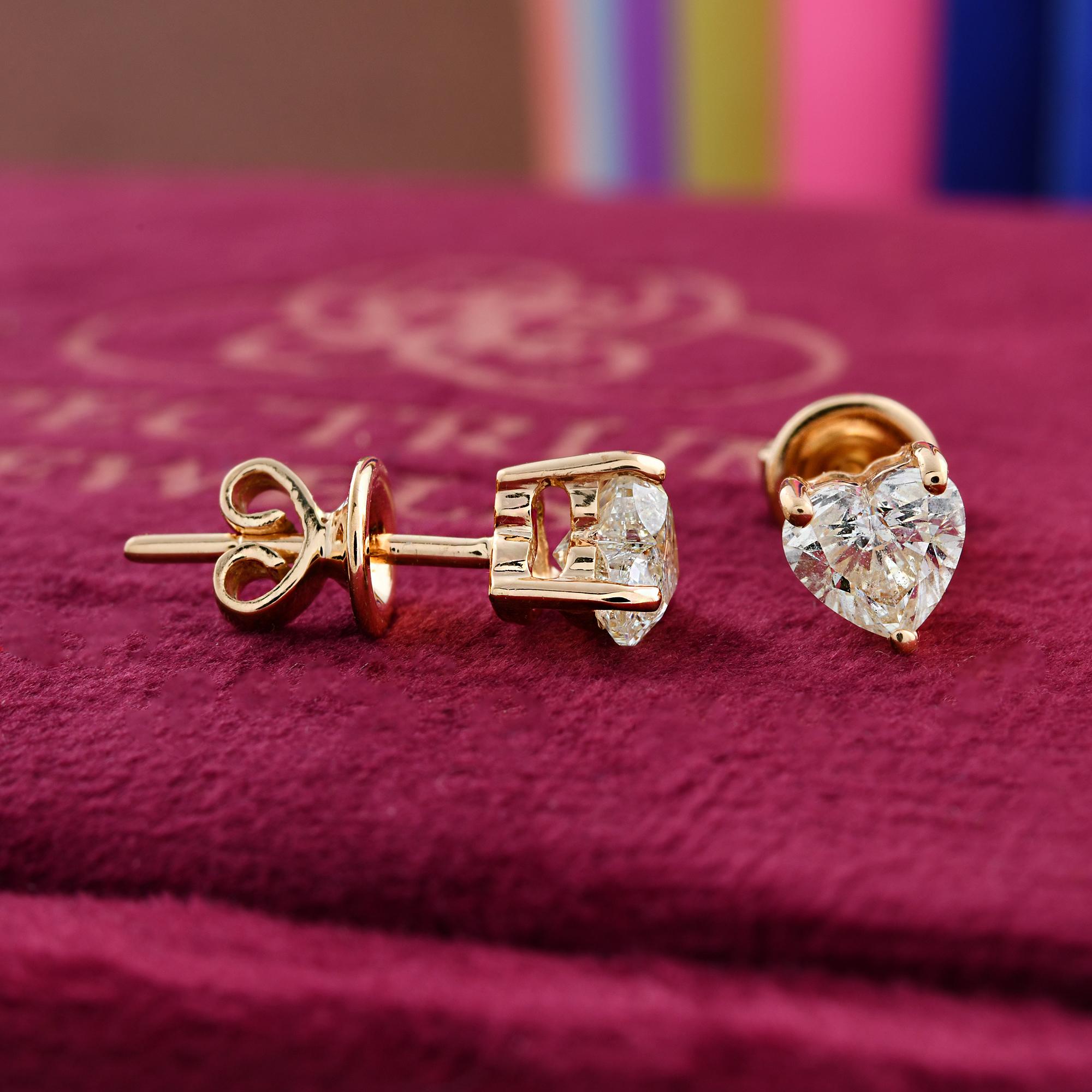 Modern 1.01 Carat SI Clarity HI Color Heart Diamond Stud Earrings 18 Karat Yellow Gold For Sale