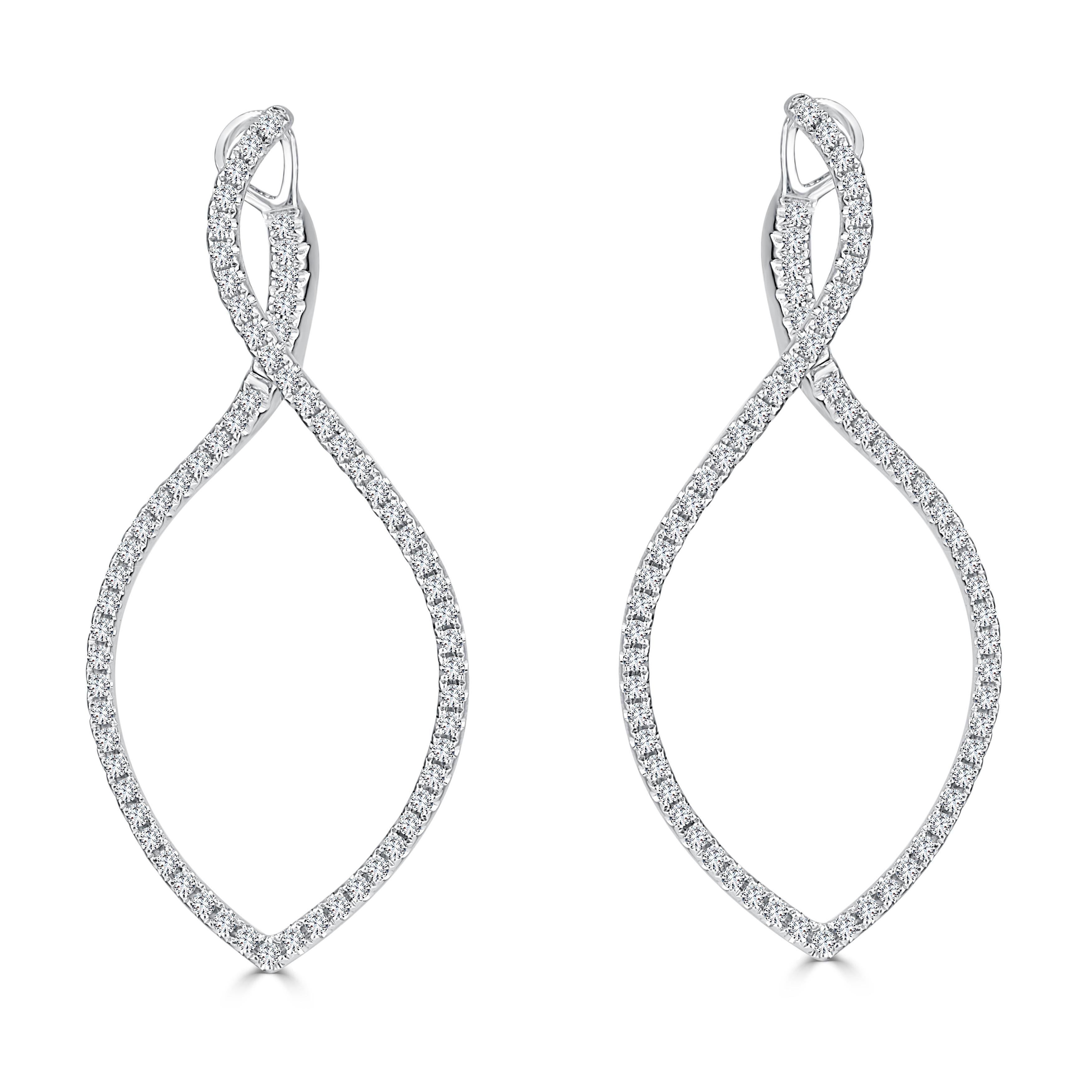 Round Cut 1.01 Carat Swirl Twist Hoop Diamond Earrings in 14 Karat White Gold ref1698 For Sale