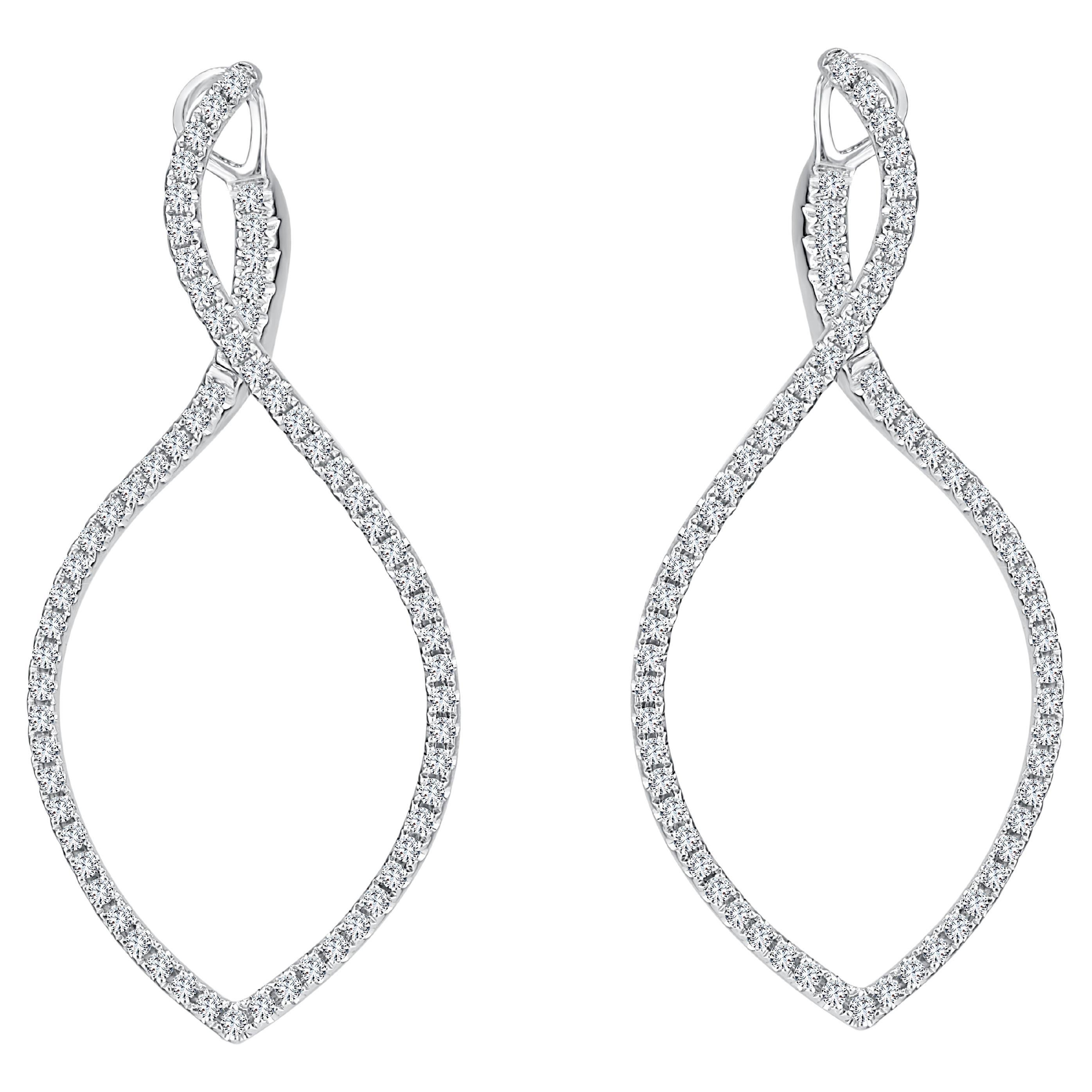 1.01 Carat Swirl Twist Hoop Diamond Earrings in 14 Karat White Gold ref1698 For Sale