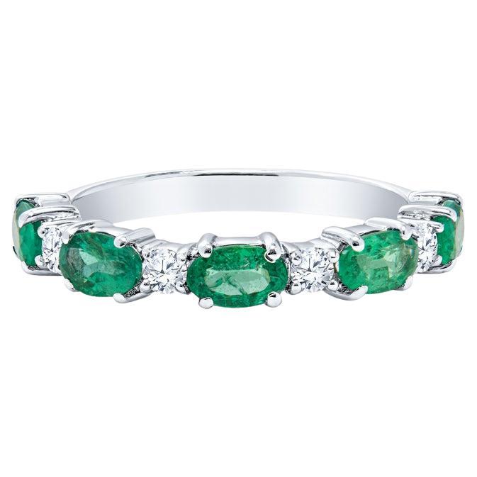 1.01 Carat Total Weight Oval Shaped Emeralds and Round Diamonds Band, 14k Gold