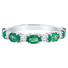 1.01 Carat Total Weight Oval Shaped Emeralds and Round Diamonds Band, 14k Gold