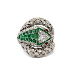1.01 Carat Trillion Diamond GIA Emerald Platinum Snake Serpent Statement Ring