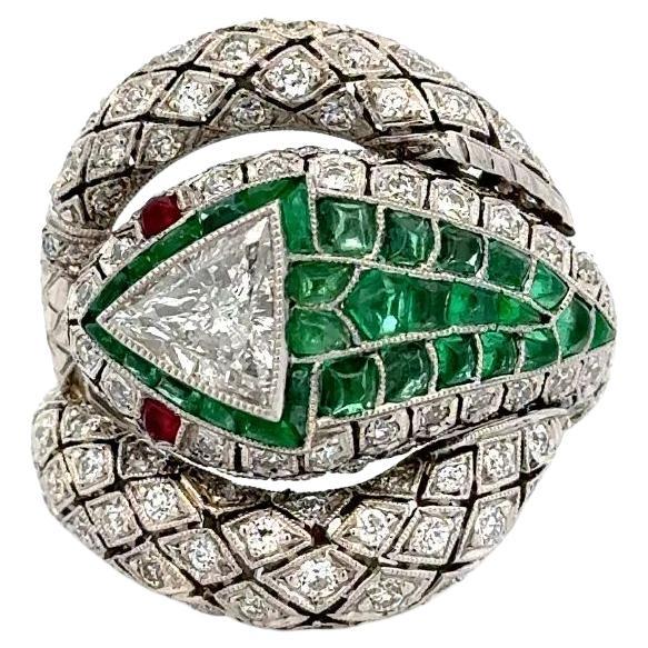 1.01 Carat Trillion Diamond GIA Emerald Platinum Snake Serpent Statement Ring For Sale
