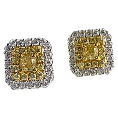 1.01 Carat Yellow Diamond Double Halo Stud Earrings in 18k White and Yellow Gold