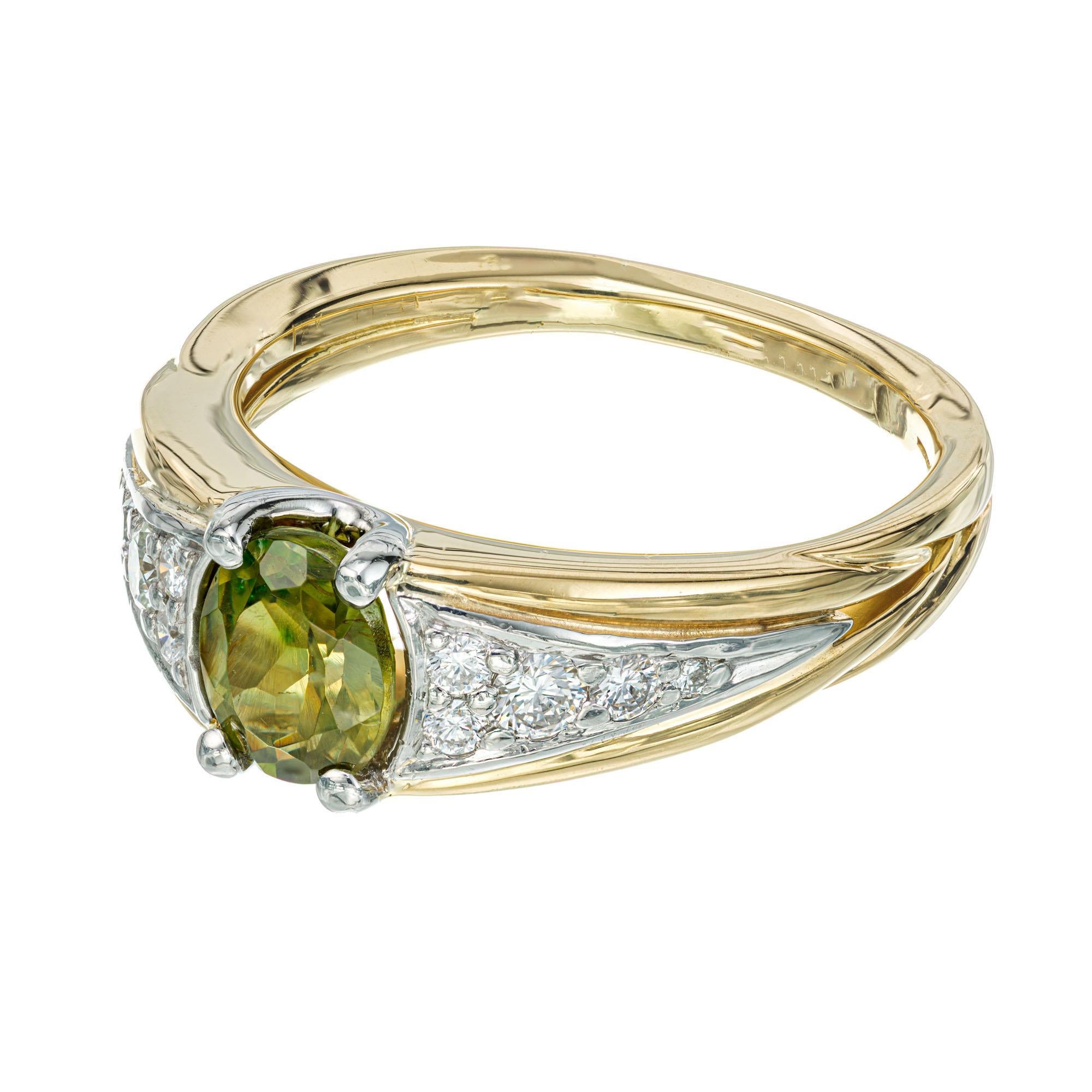 Oval Cut 1.01 Carat Yellow Green Demantoid Garnet Diamond Gold Platinum Cocktail Ring For Sale