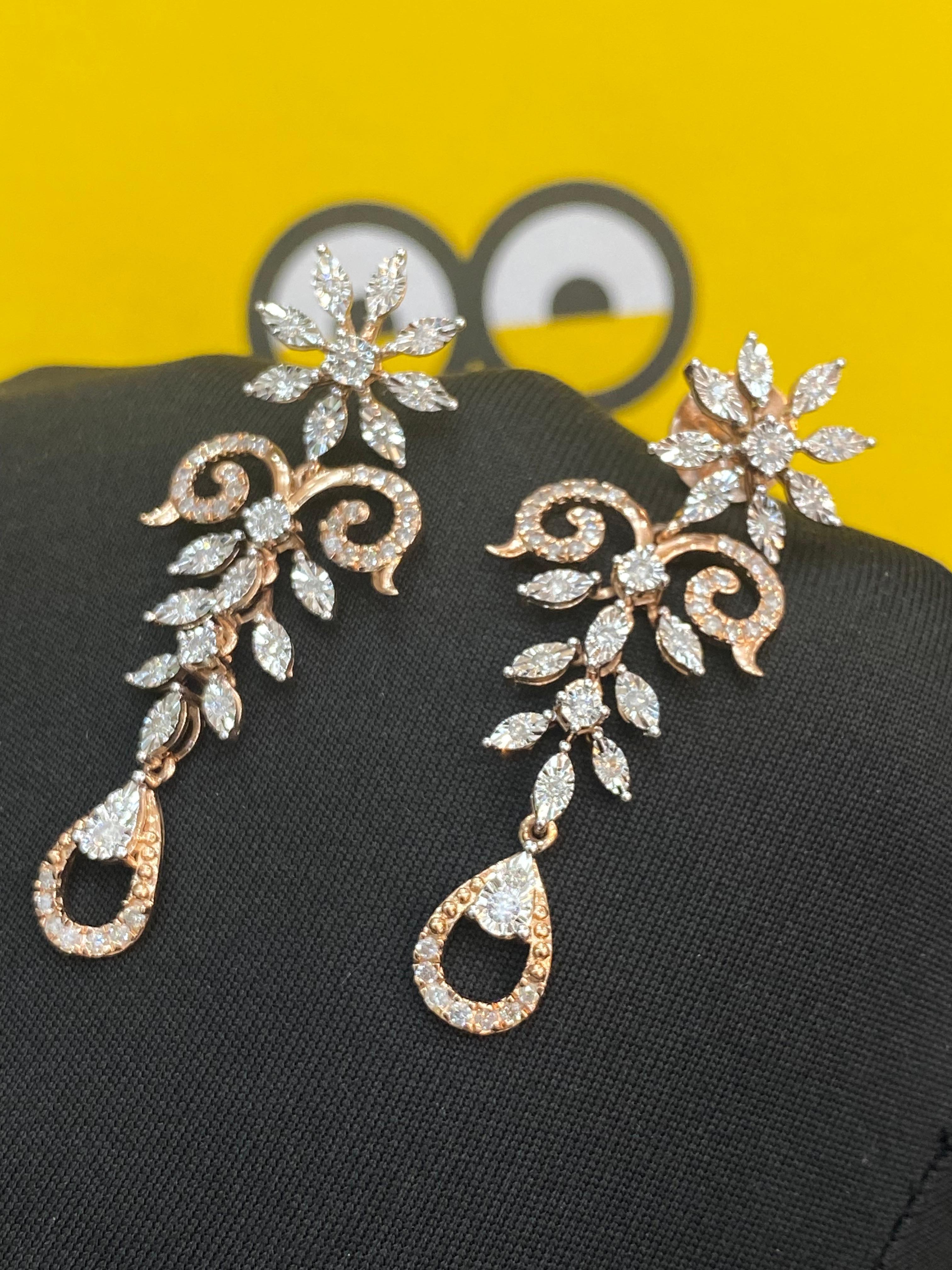 Taglio rotondo 1,01 Carati F/VS1 Diamanti Naturali Brillanti Rotondi Orecchini Dangle in Oro Rosa 14K in vendita