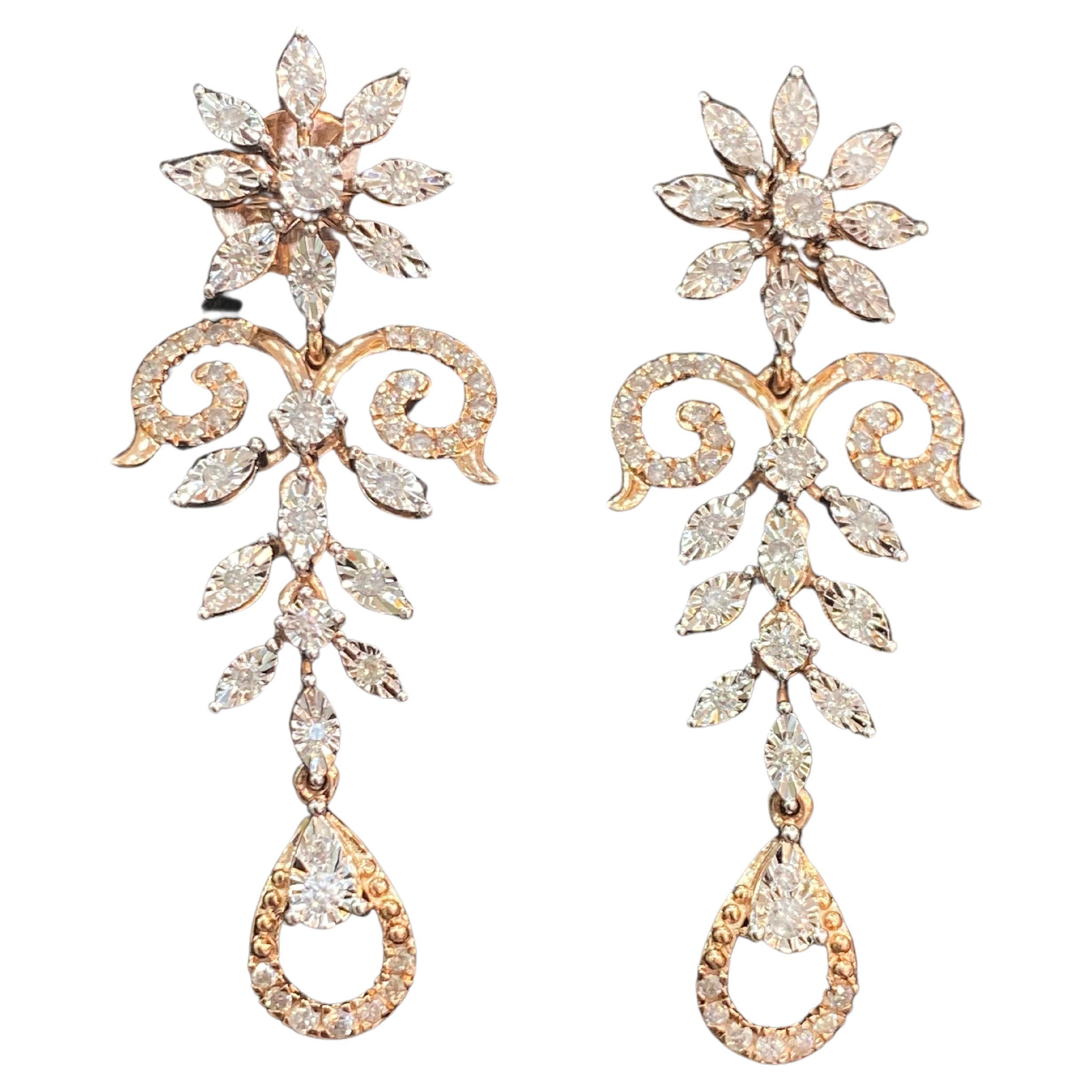 1,01 Carati F/VS1 Diamanti Naturali Brillanti Rotondi Orecchini Dangle in Oro Rosa 14K