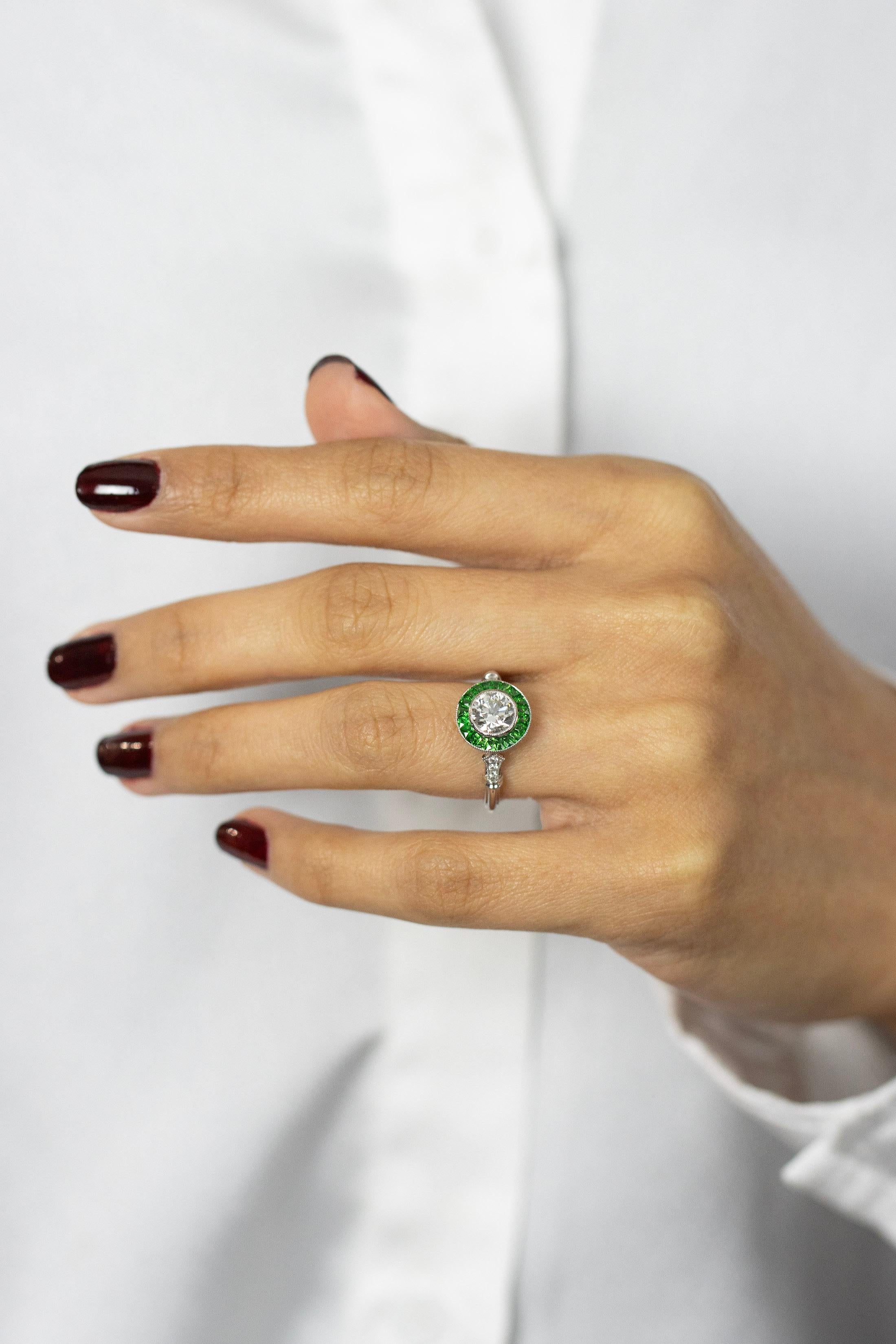 1,01 Karat runder Diamant mit Tsavorit im Art-déco-Stil Verlobungsring (Alteuropäischer Schliff) im Angebot
