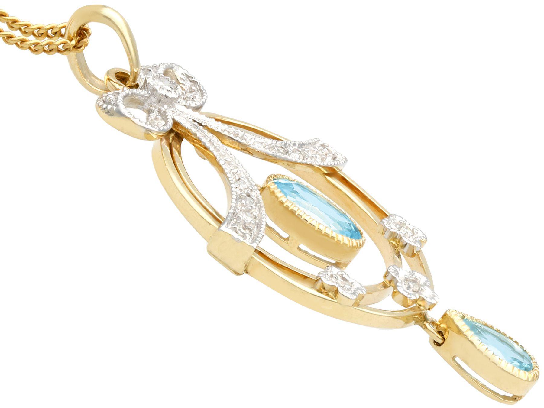 Women's 1.01Ct Oval Cut Aquamarine and Diamond Yellow Gold Pendant Antique Style For Sale