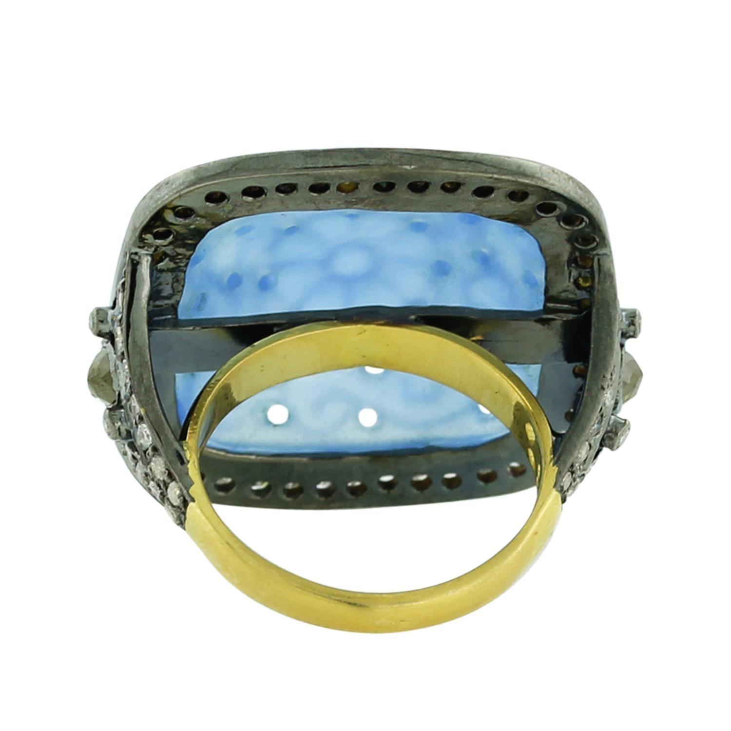 Art Nouveau 10.1 ct Blue Agate Cocktail Ring With Pave Diamonds Made In 18k Gold & Silver For Sale